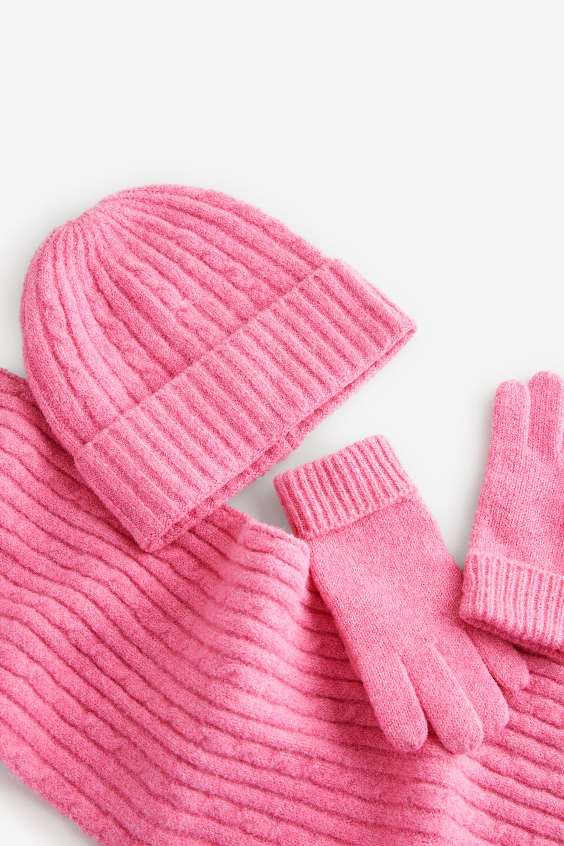 Pink Cable Hat, Gloves and Scarf Set (3-16yrs)