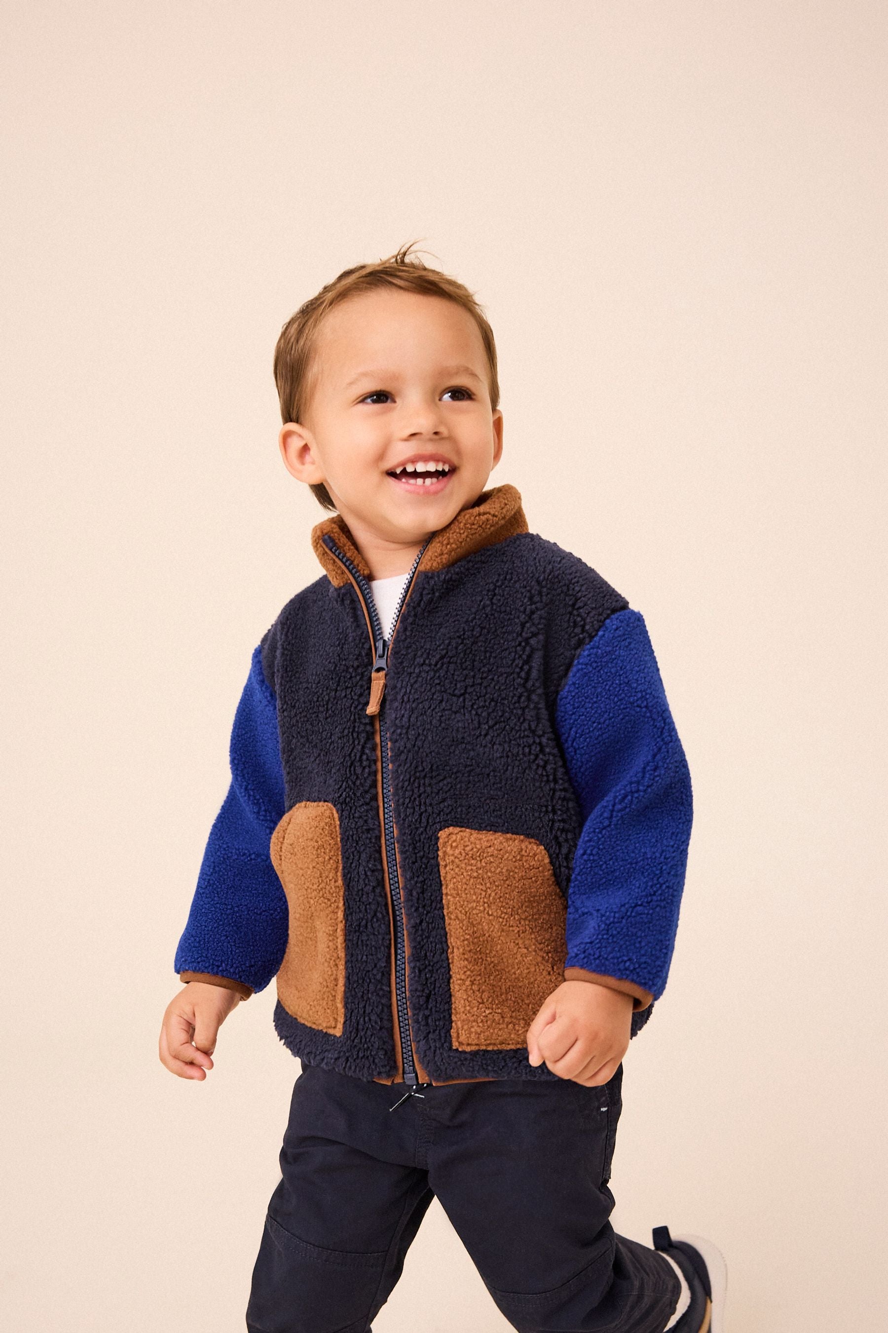 Blue/Brown Colourblock Fleece Zip Through Jacket (3mths-7yrs)