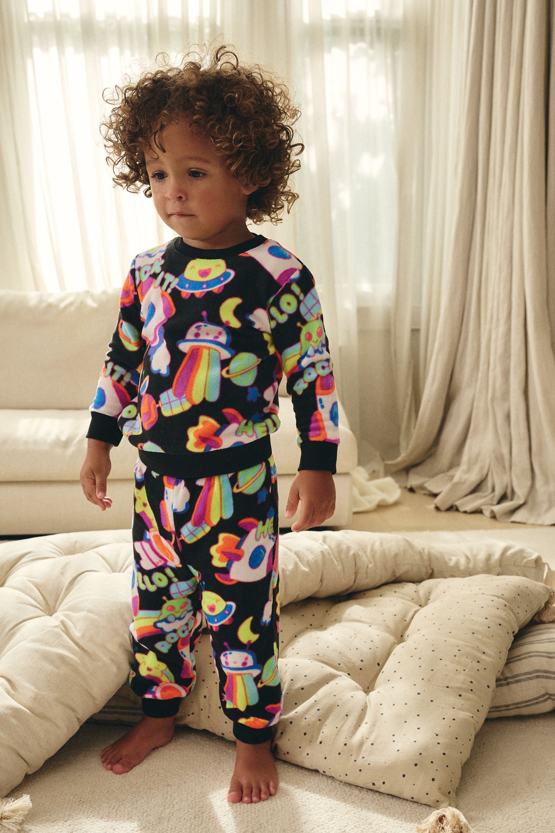 Black/Lime Fluro Space Single Soft Touch Fleece With Elastane Pyjamas (9mths-12yrs)