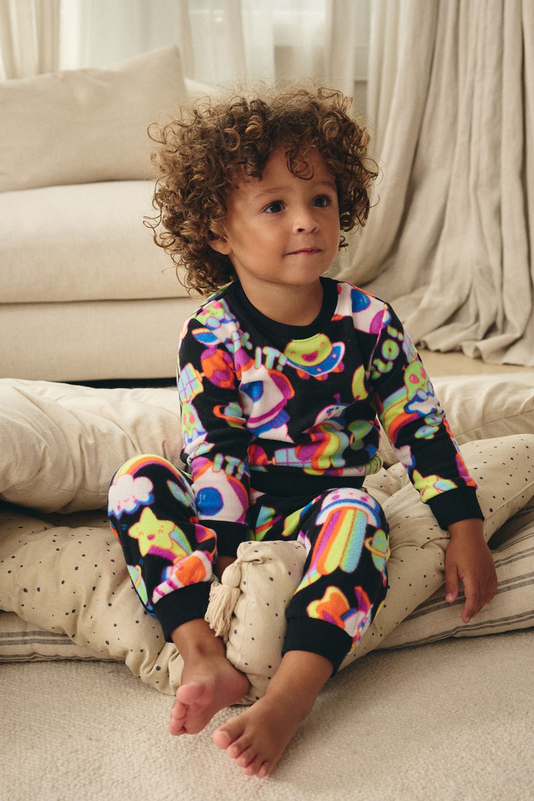 Black/Lime Fluro Space Single Soft Touch Fleece With Elastane Pyjamas (9mths-12yrs)