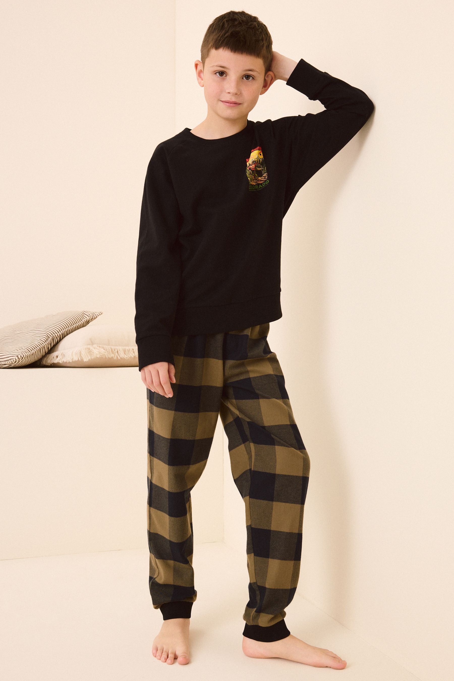 Monochrome Check Single Long Sleeve Woven 100% Cotton Pyjamas (4-16yrs)