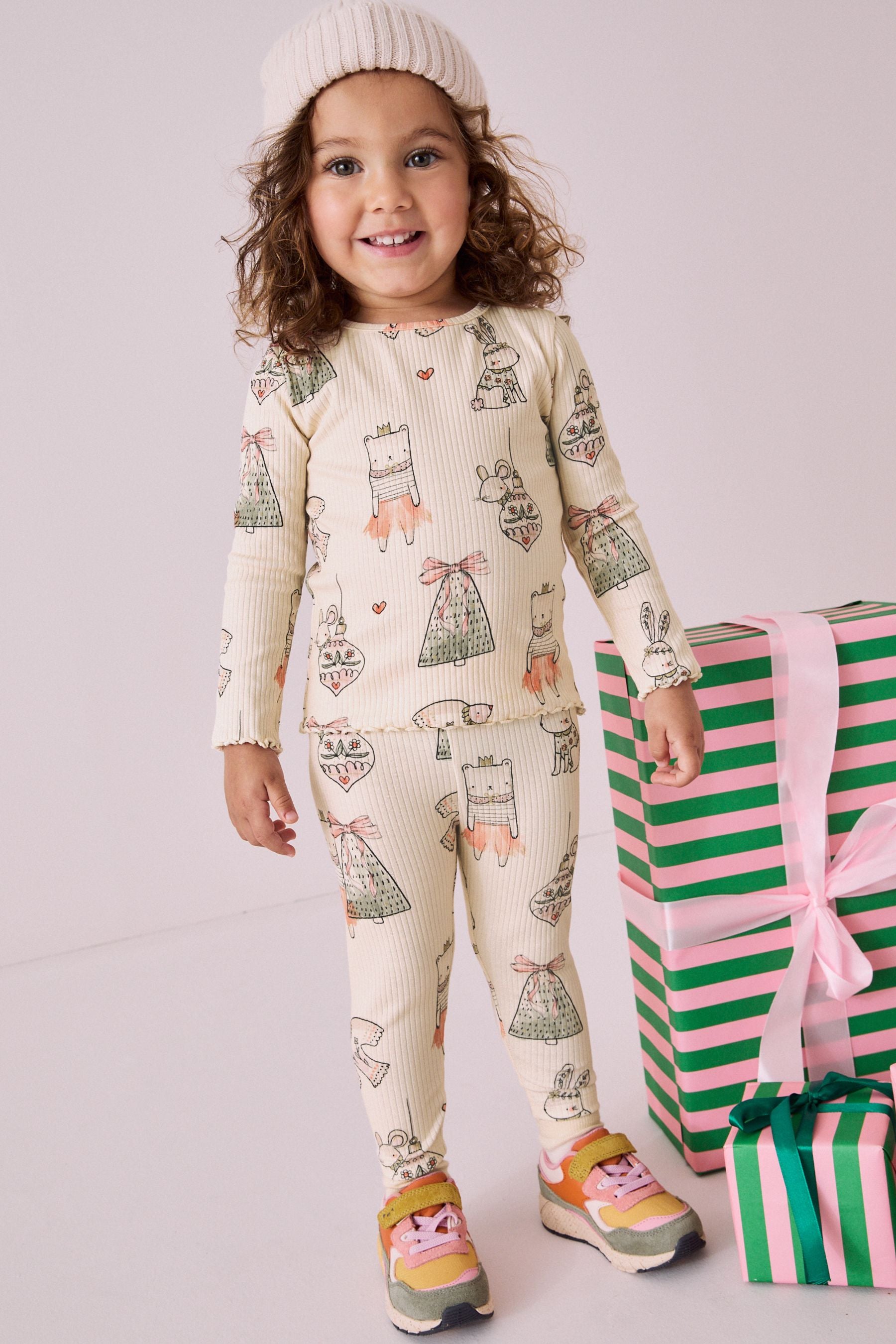 Cream Christmas Bunny Characters Rib Long Sleeve Top and Leggings Set (3mths-7yrs)