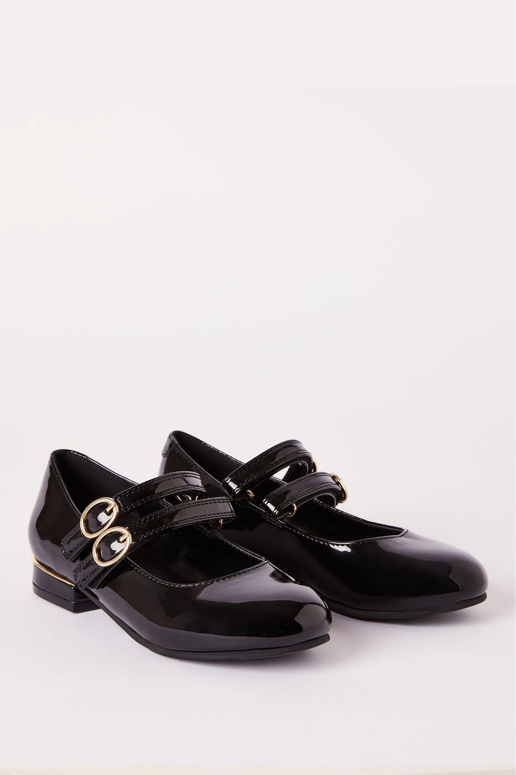 Black Faux Leather Block Heel Double Strap Mary Jane School Shoe