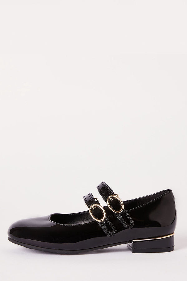 Black Faux Leather Block Heel Double Strap Mary Jane School Shoe