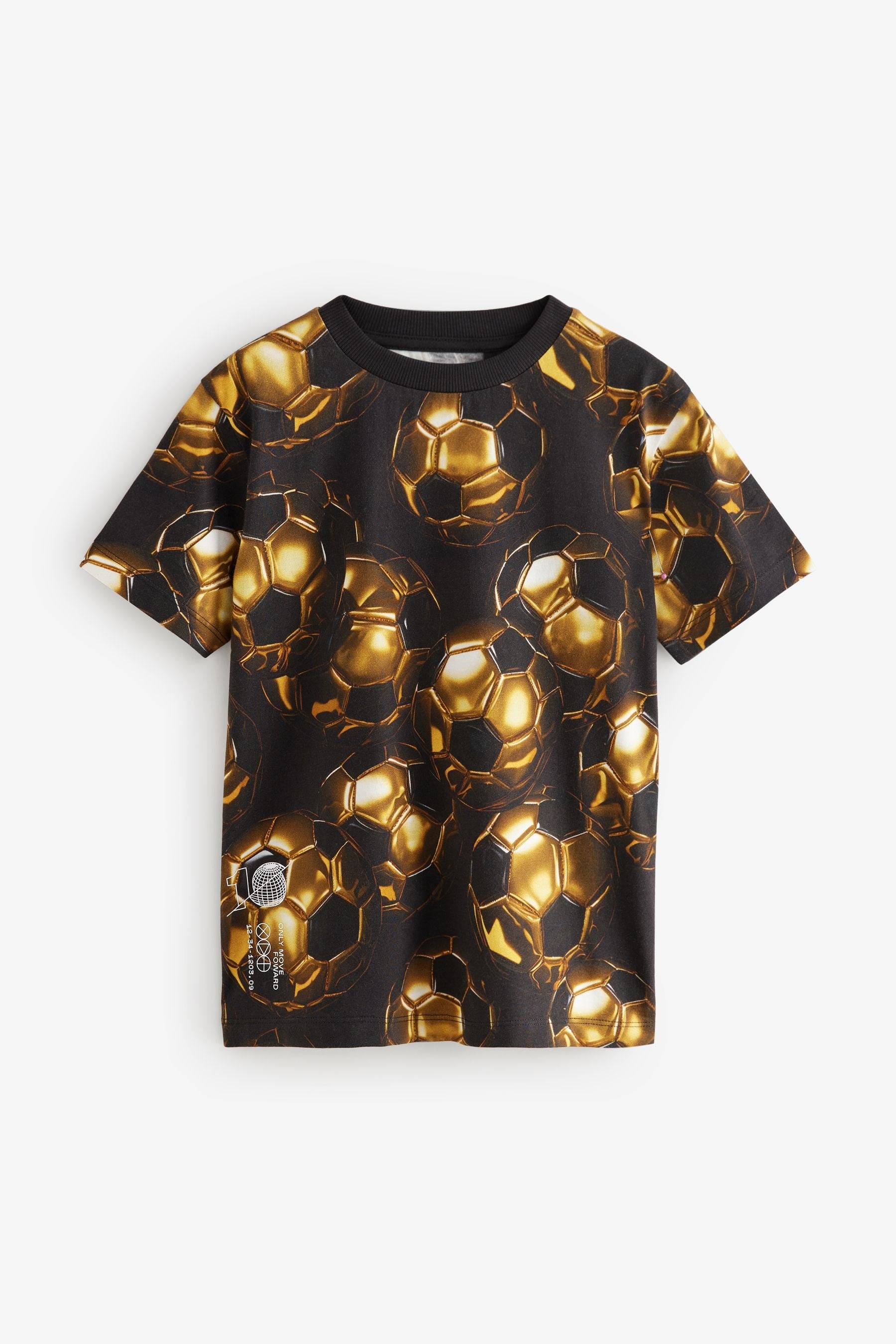 Black/Gold Football All-Over Print Short Sleeve 100% Cotton T-Shirt (3-16yrs)