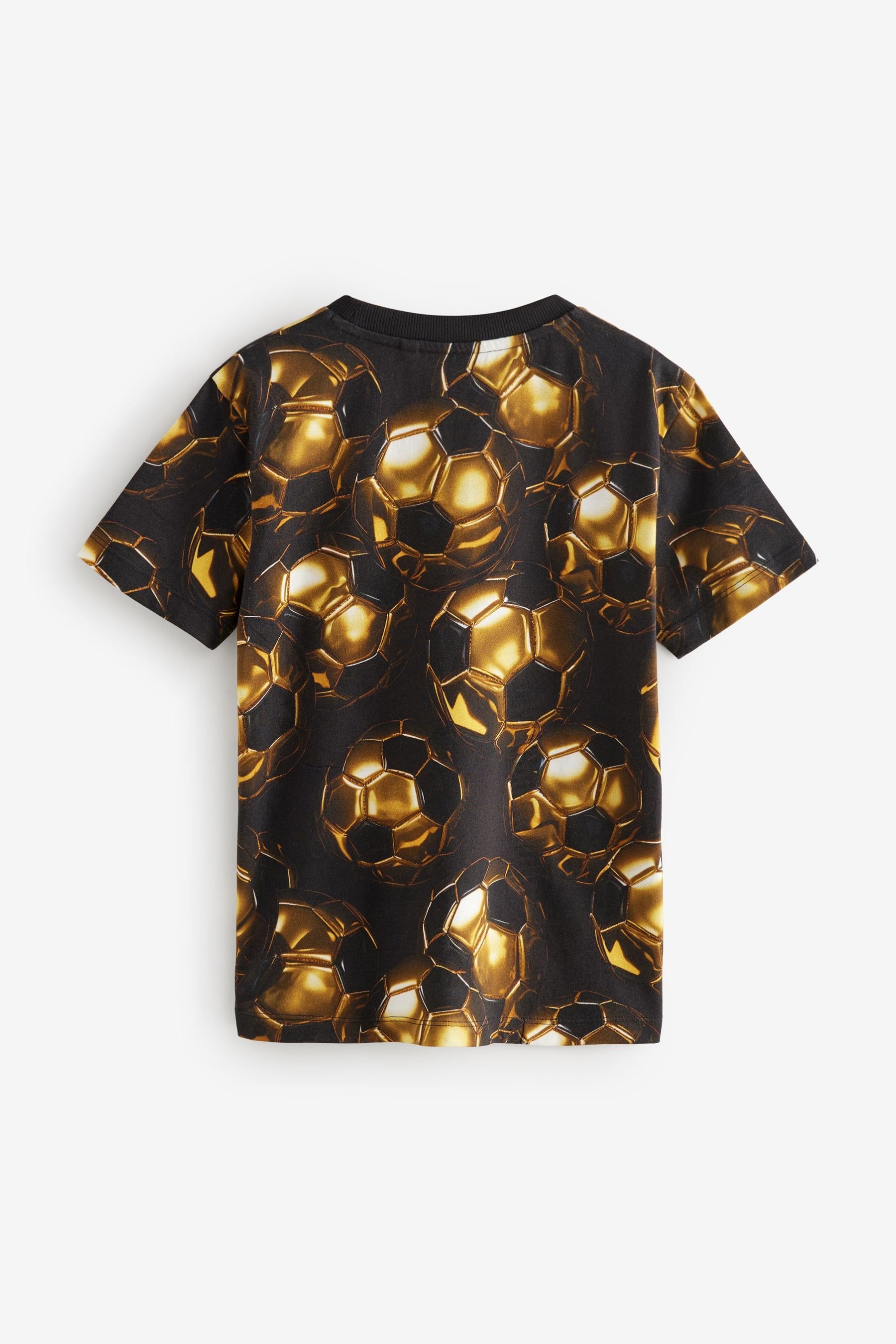 Black/Gold Football All-Over Print Short Sleeve 100% Cotton T-Shirt (3-16yrs)