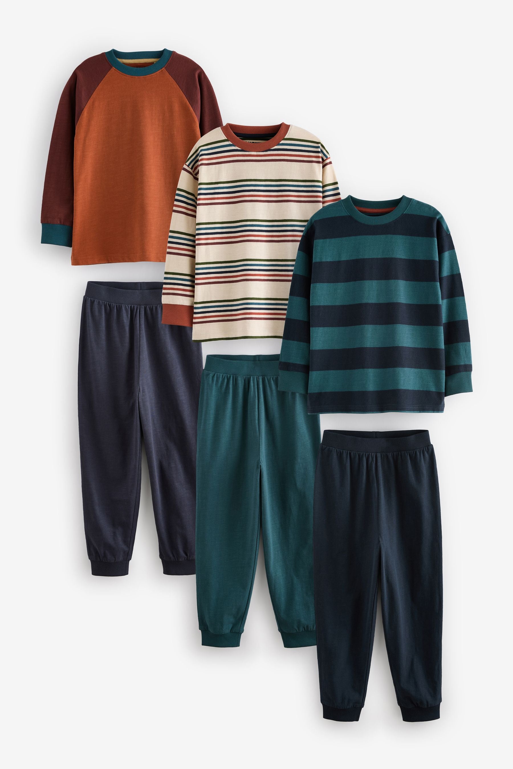 Rust/Navy 3 Pack 100% Cotton Long Sleeve Pyjamas (3-16yrs)