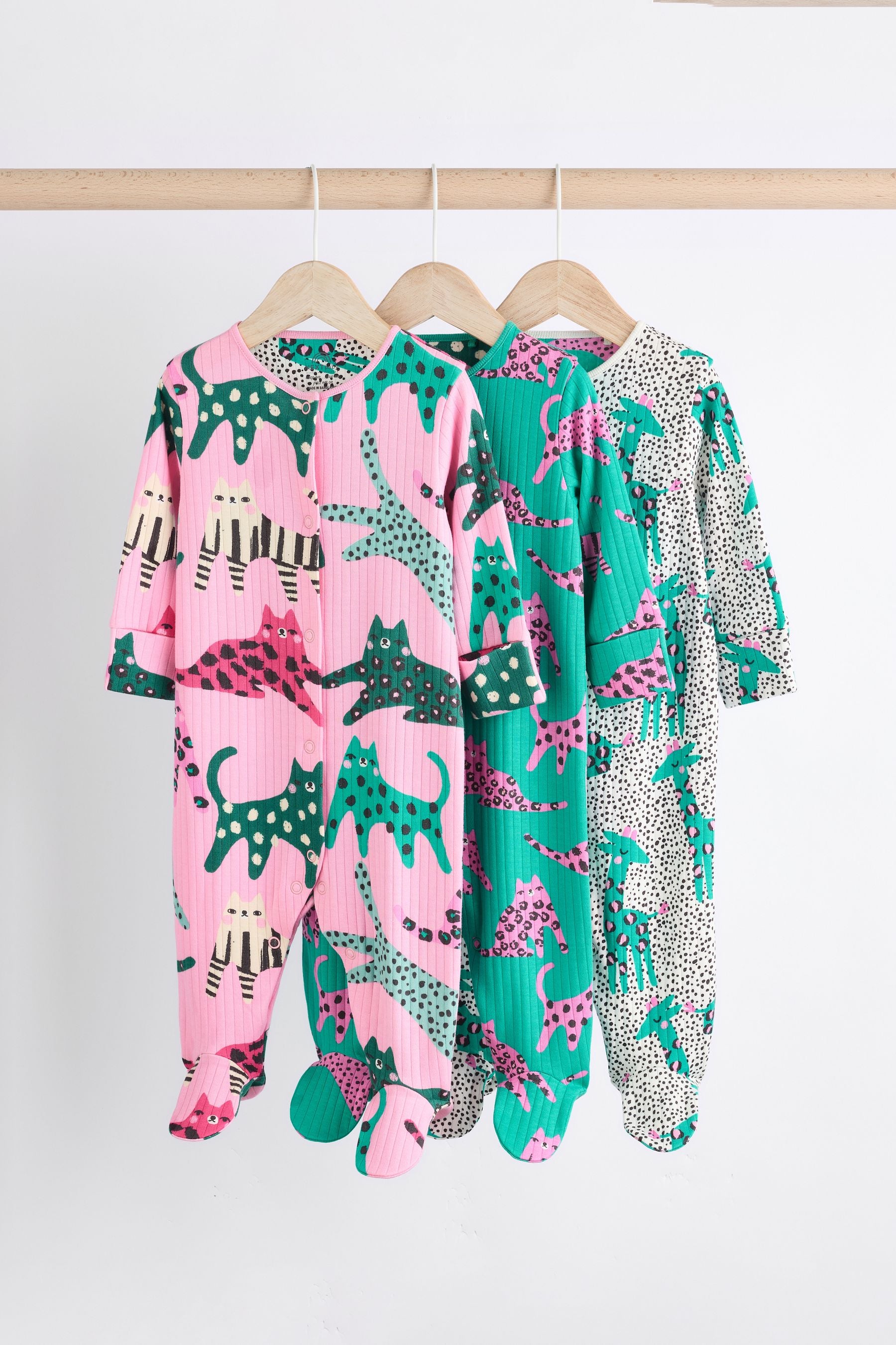 Pink/Green Printed Baby Sleepsuits 3 Pack (0mths-2yrs)