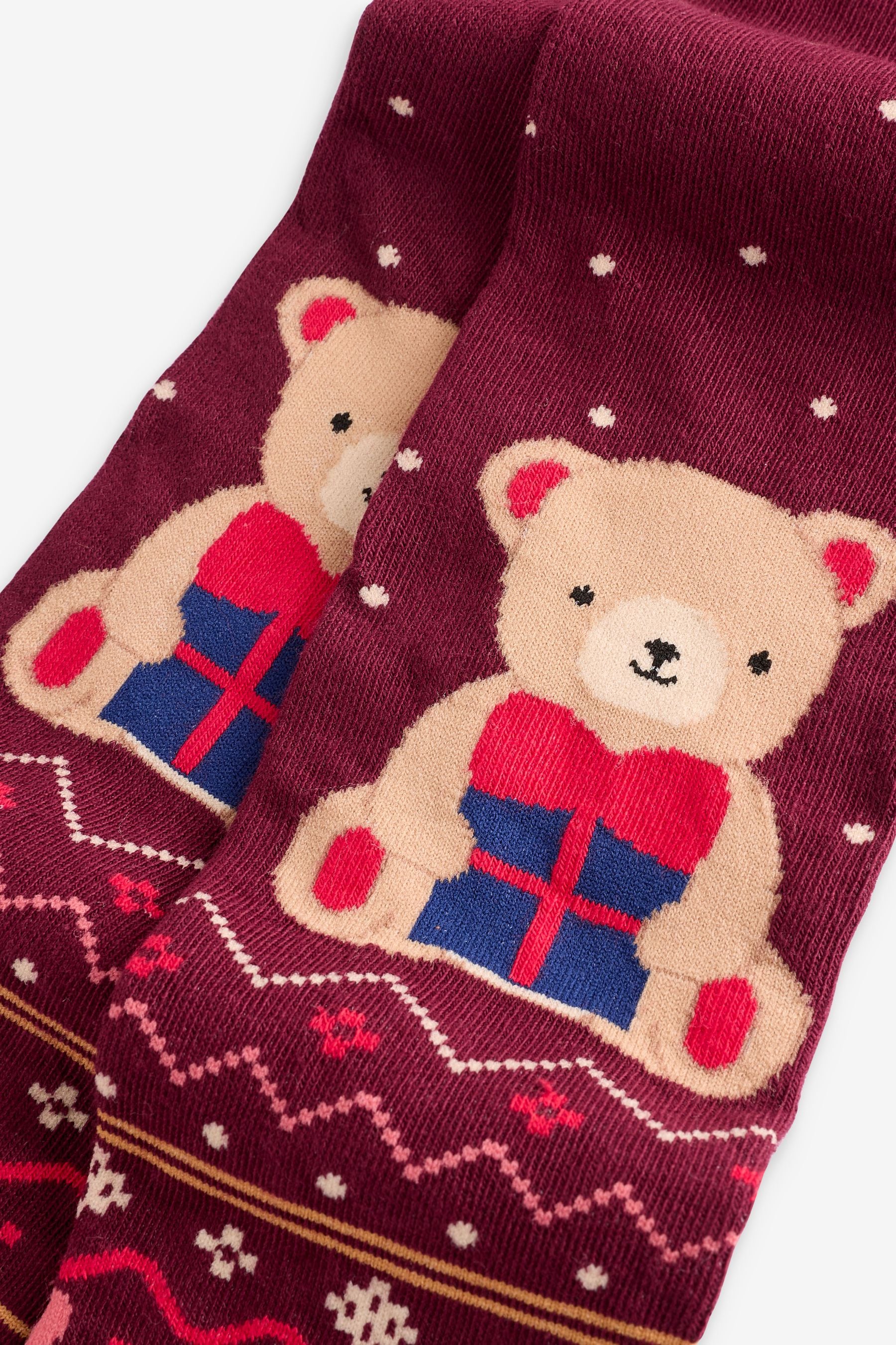 Dark Red Teddy Bear Cotton Rich Christmas Character Tights