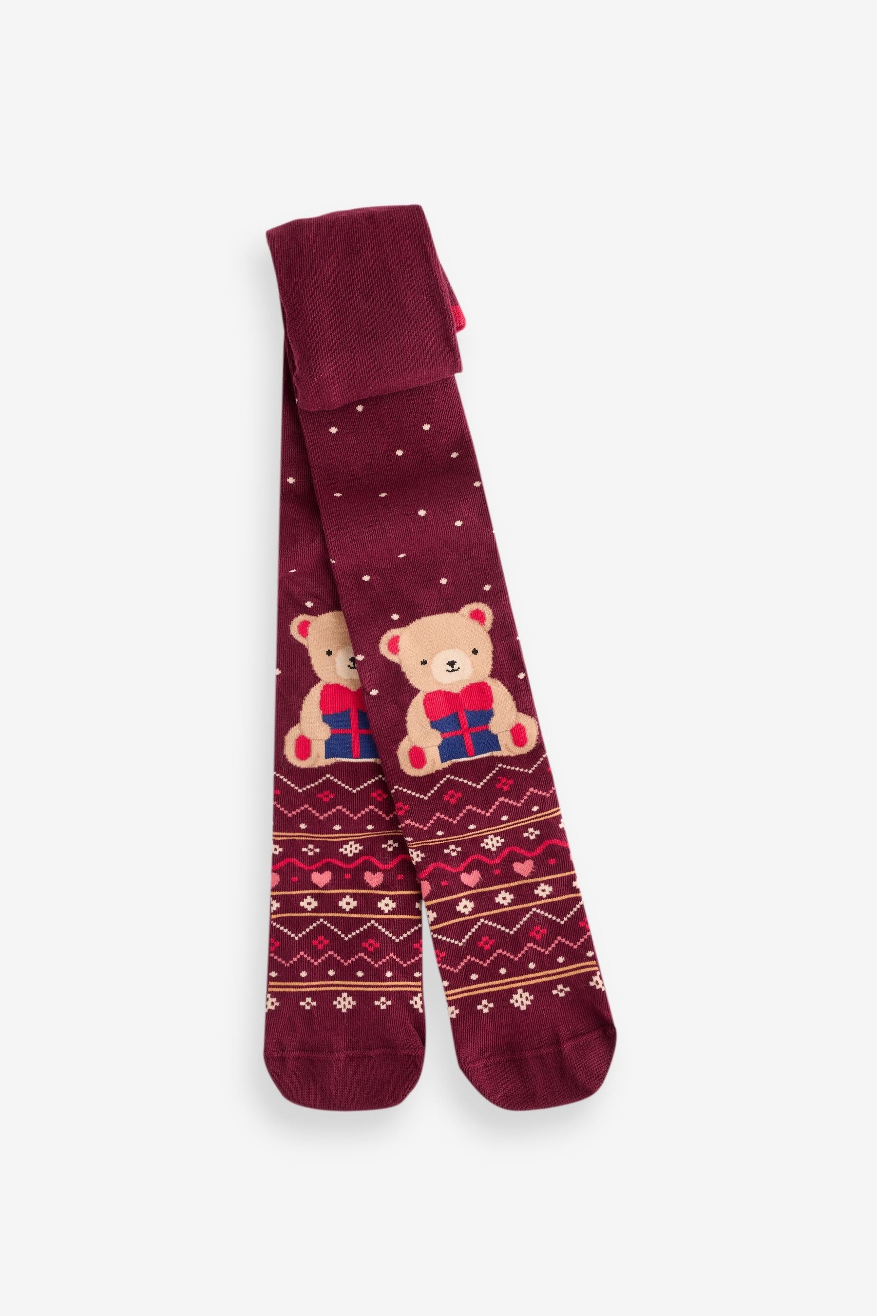 Dark Red Teddy Bear Cotton Rich Christmas Character Tights