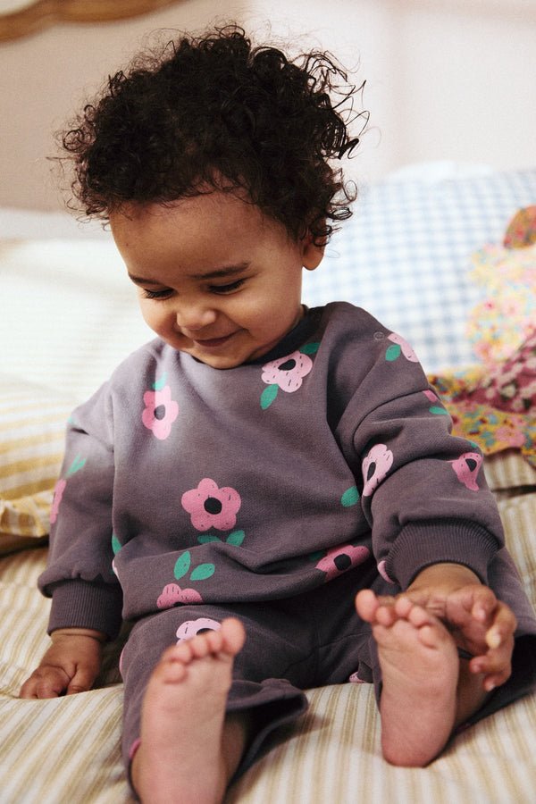 Grey/Pink Flower Print Baby Sweatshirt and Joggers Set