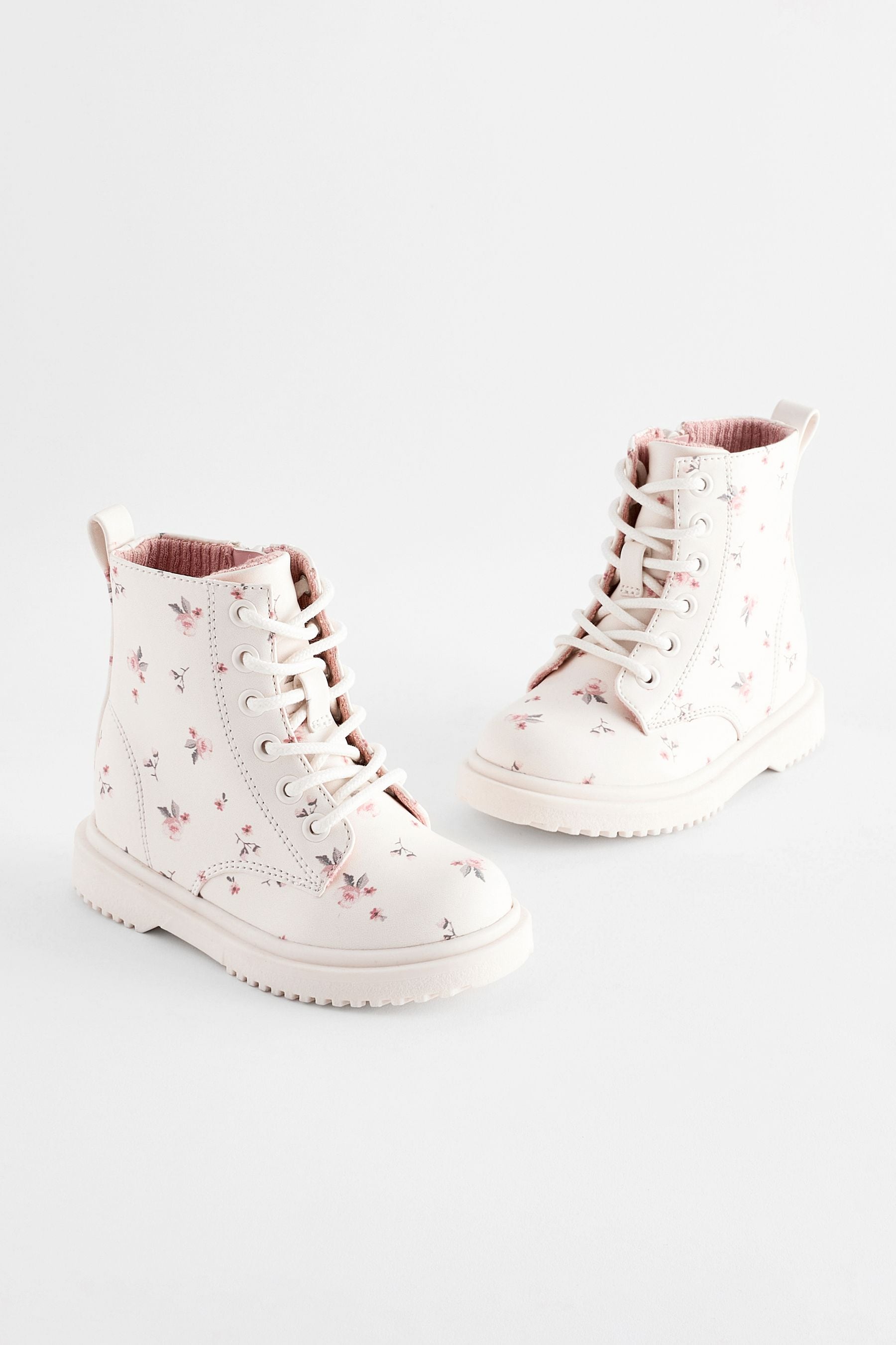 Neutral White Wide Fit (G) Floral Lace Up Boots