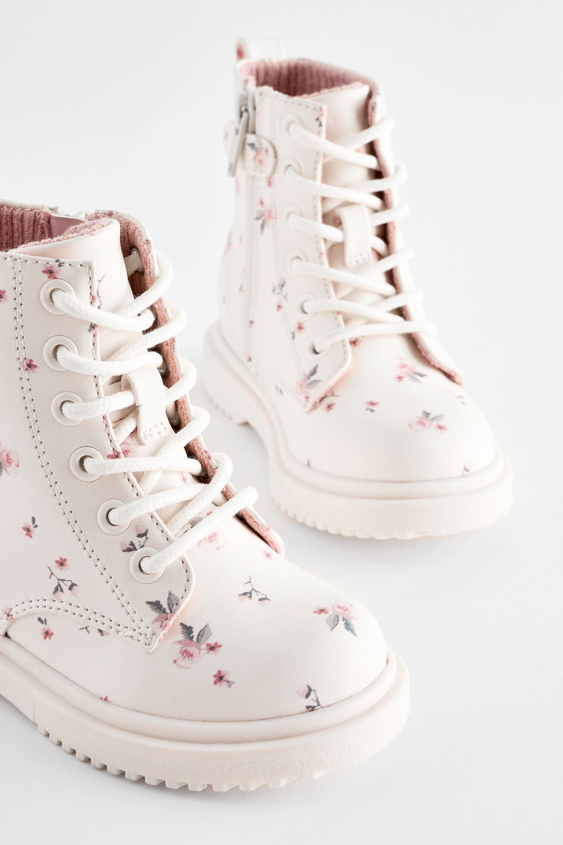 Neutral White Wide Fit (G) Floral Lace Up Boots