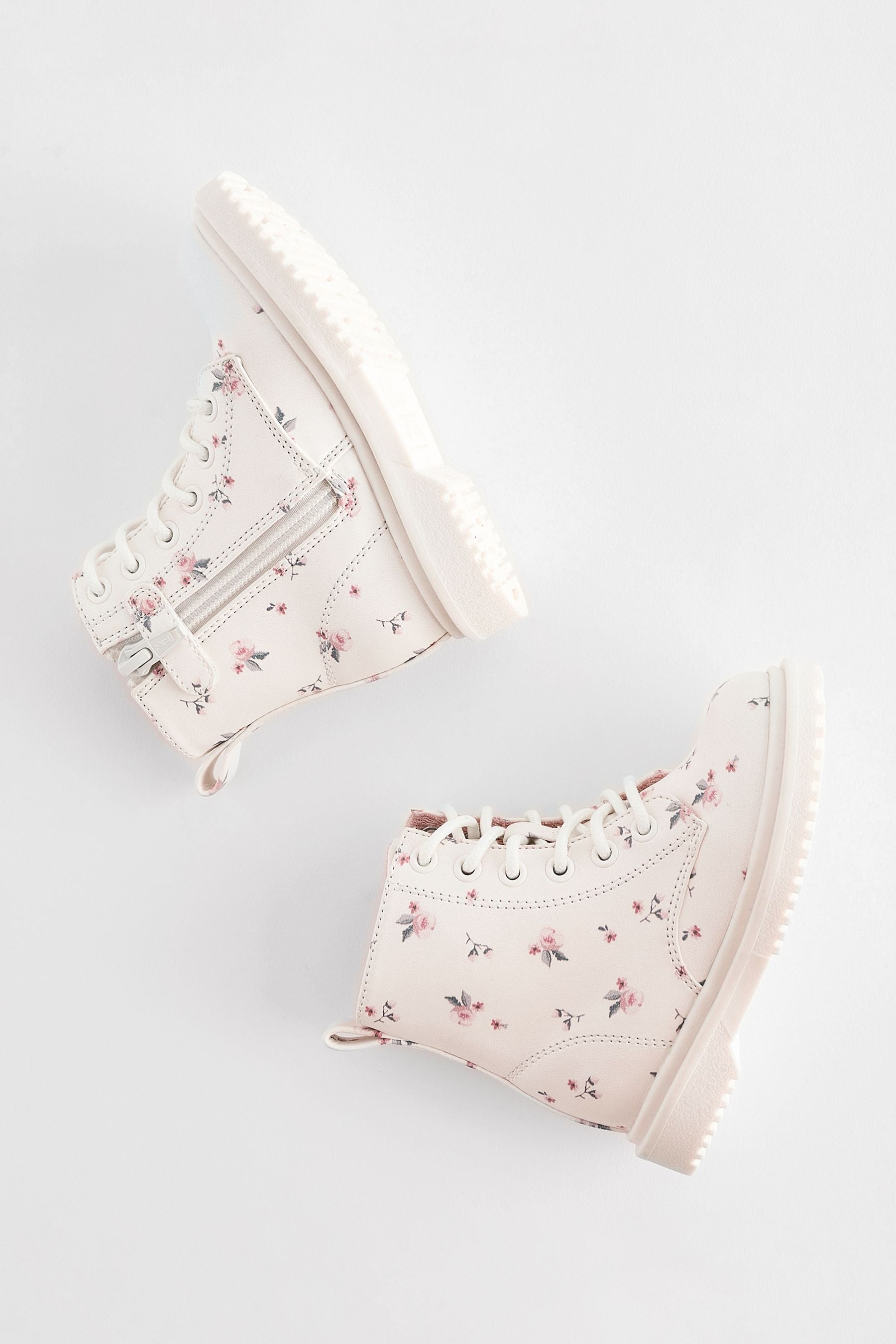 Neutral White Wide Fit (G) Floral Lace Up Boots