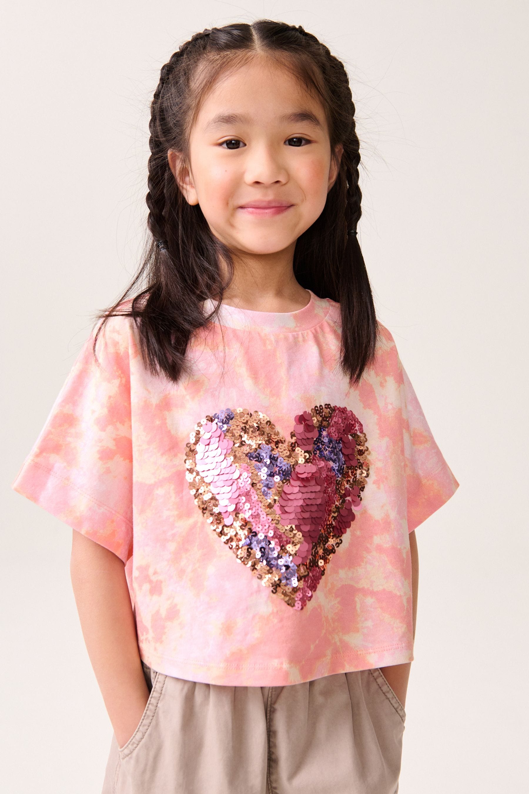 Pink Tie Dye 100% Cotton Sequin Heart T-Shirt (3-16yrs)