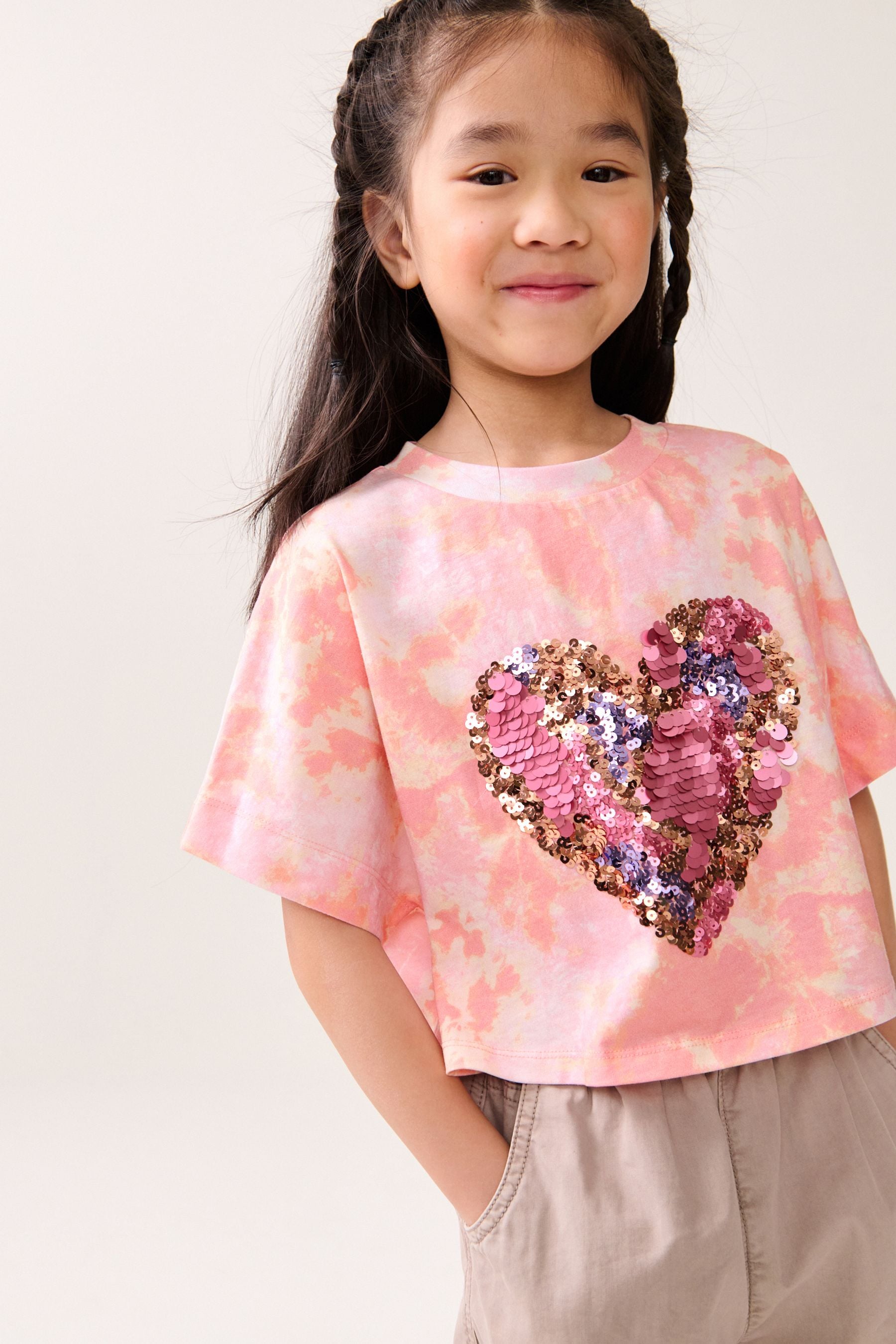 Pink Tie Dye 100% Cotton Sequin Heart T-Shirt (3-16yrs)