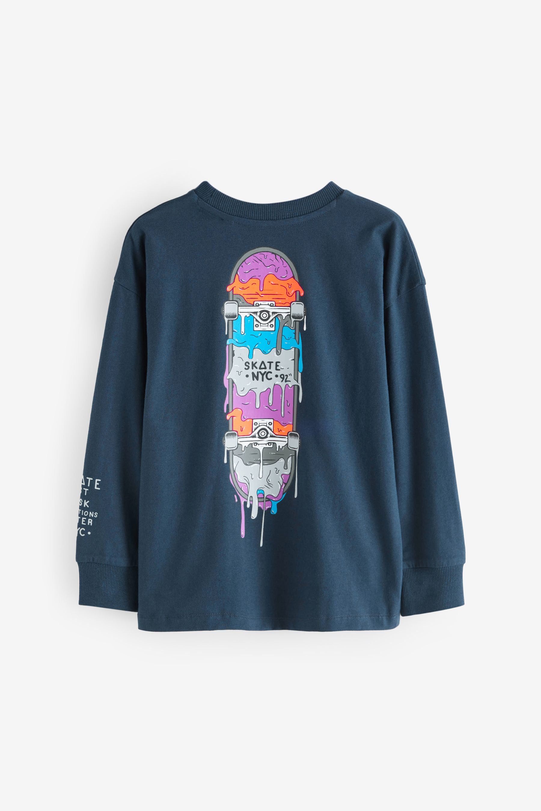 Navy Blue Skateboard Long Sleeve Graphic 100% Cotton T-Shirt (3-16yrs)