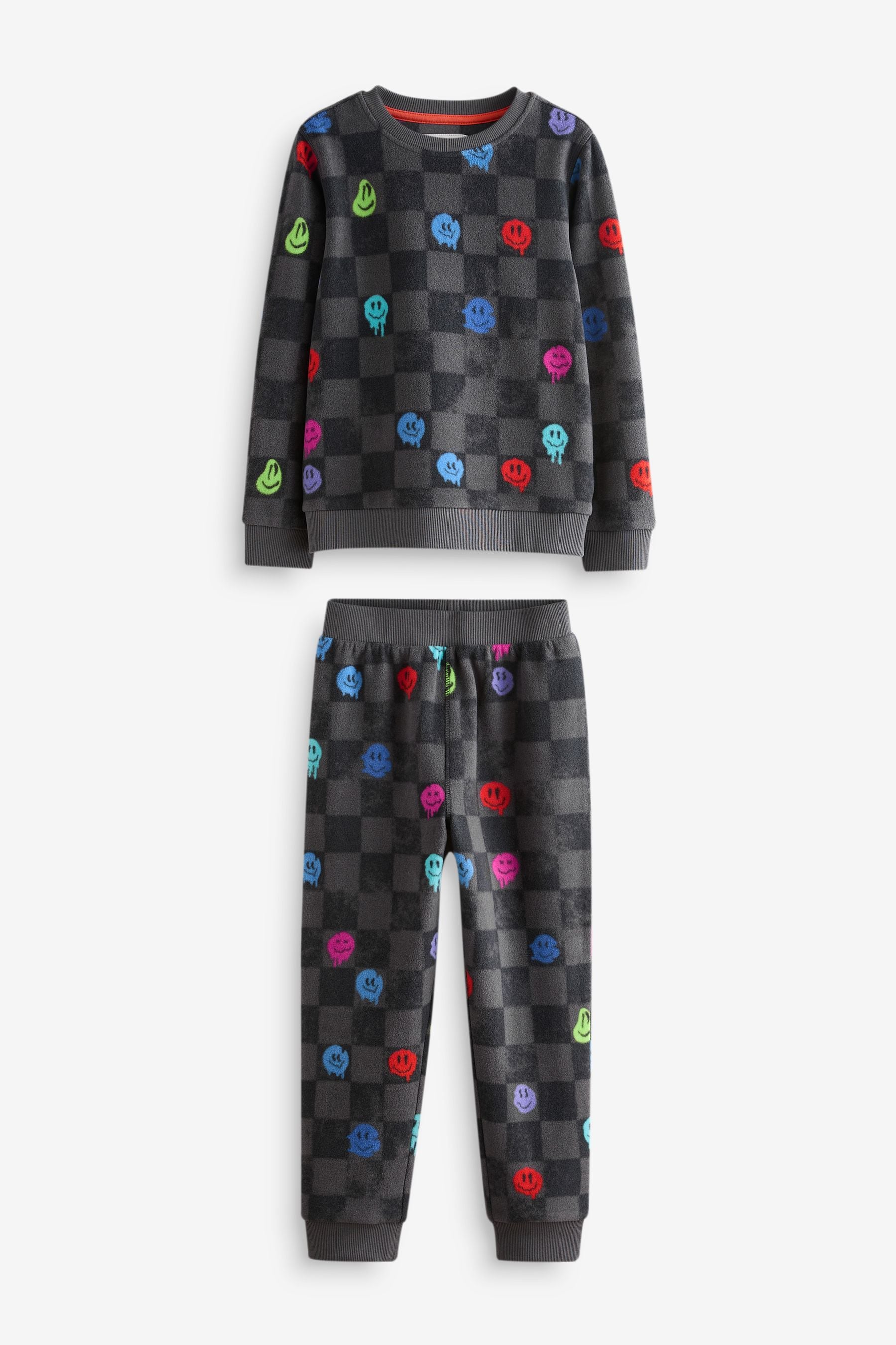 Black/White Checkerboard Smiley Face Single Soft Touch Fleece With Elastane (3-16yrs)