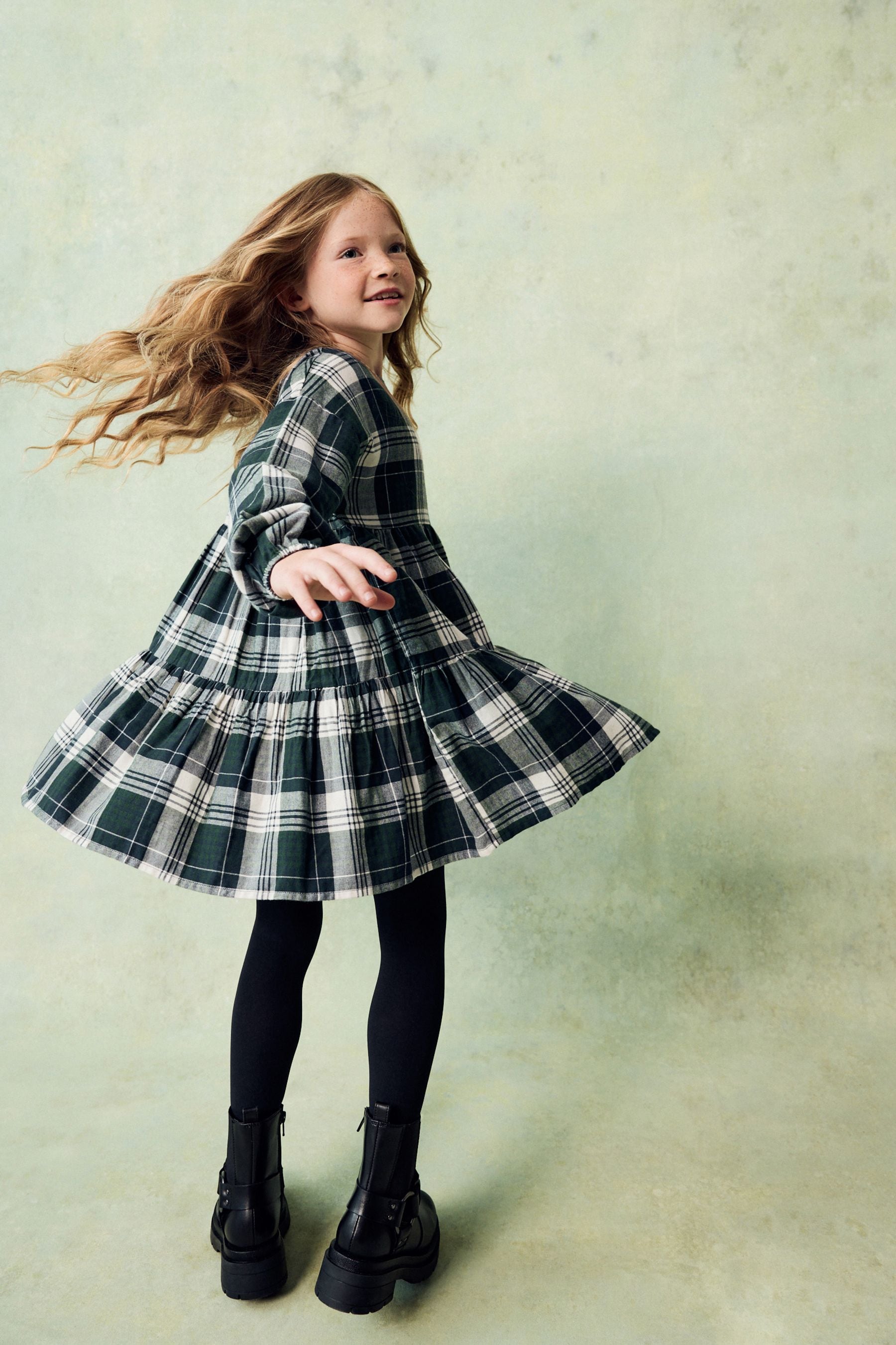 Green Check Long Sleeve Tiered 100% Cotton Dress (3-16yrs)