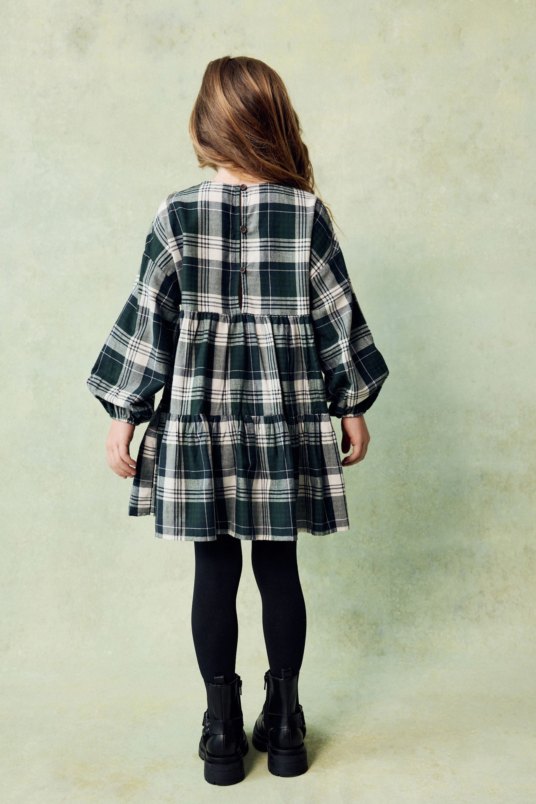 Green Check Long Sleeve Tiered 100% Cotton Dress (3-16yrs)