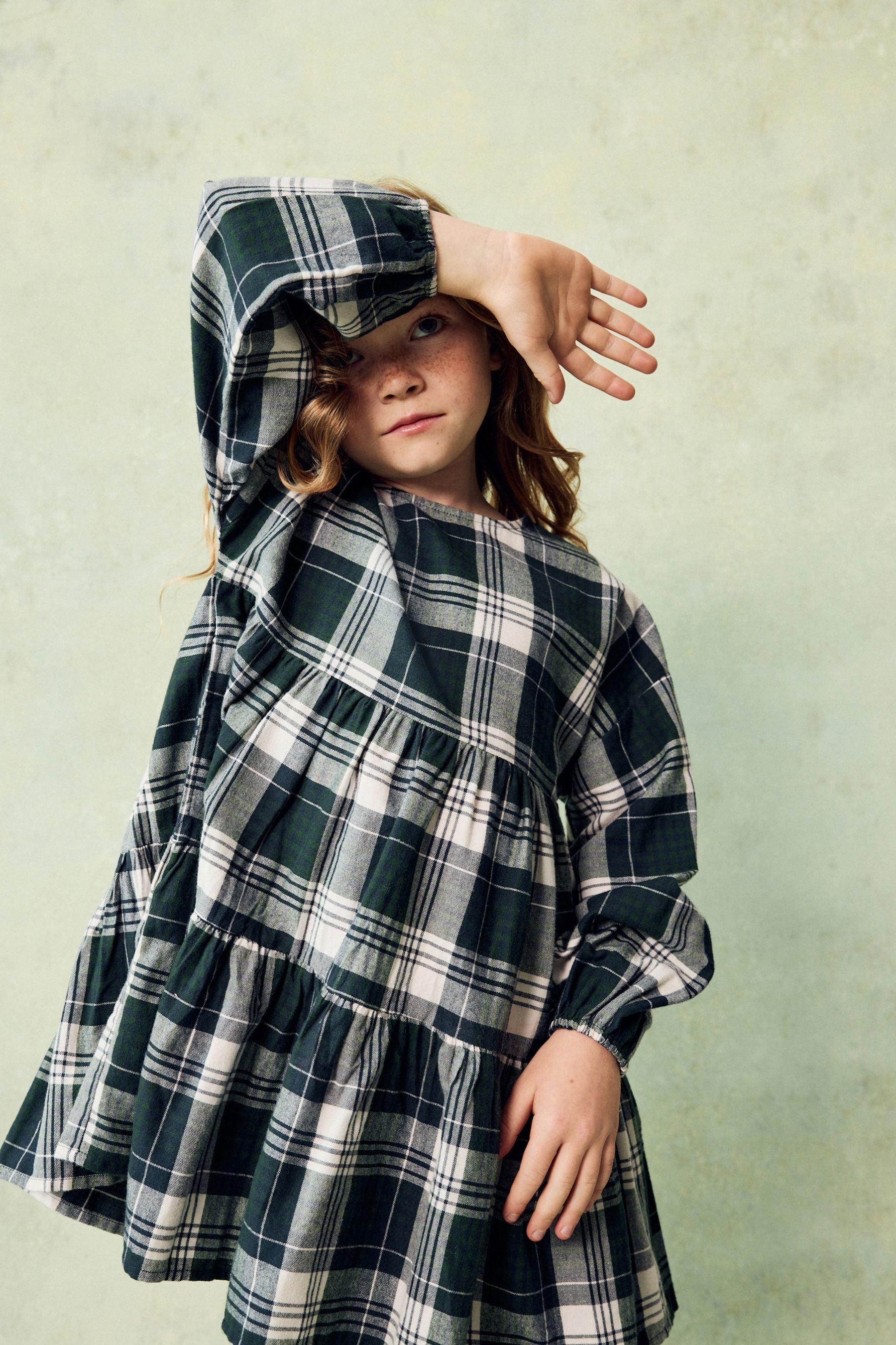 Green Check Long Sleeve Tiered 100% Cotton Dress (3-16yrs)