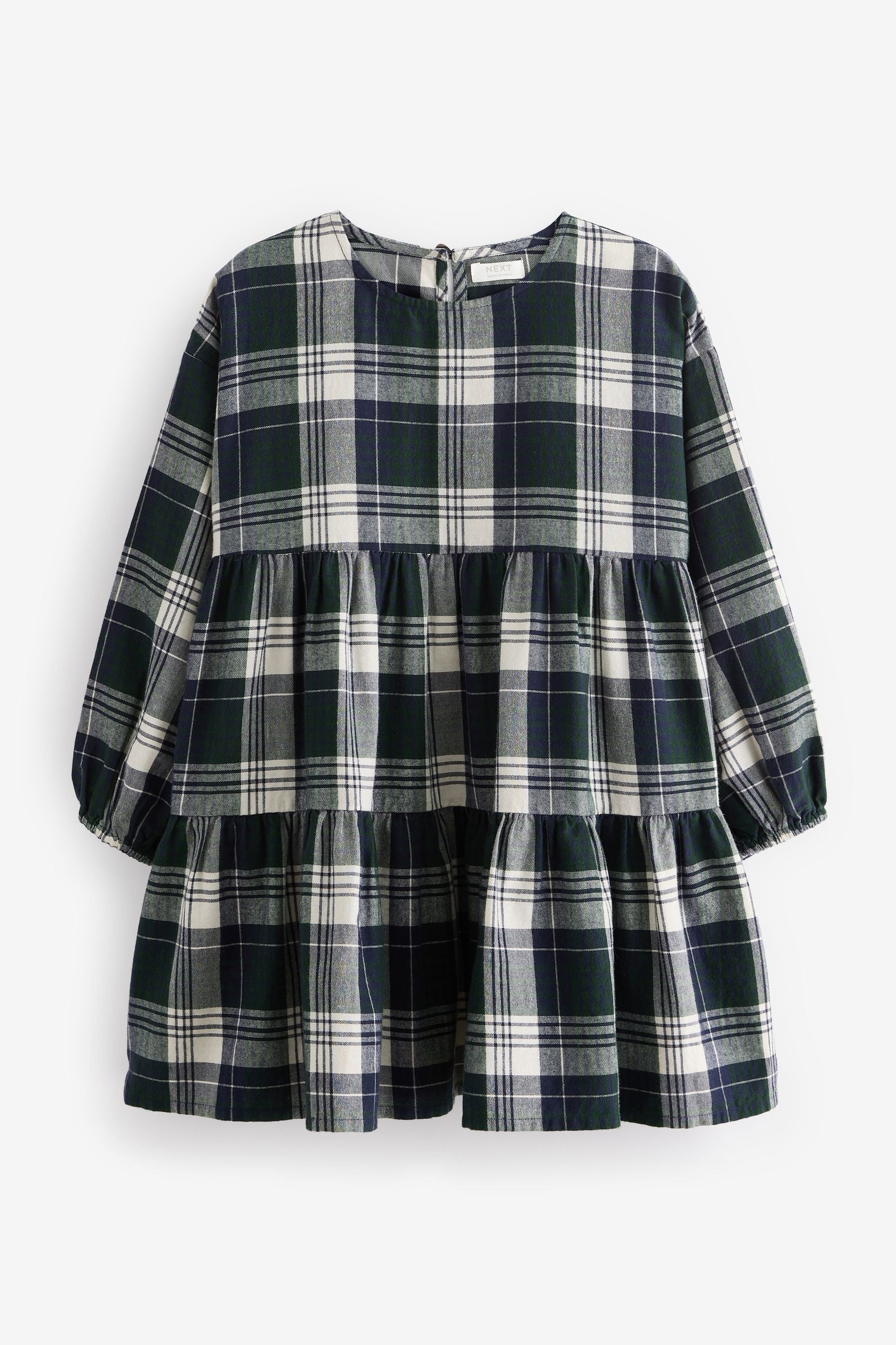 Green Check Long Sleeve Tiered 100% Cotton Dress (3-16yrs)