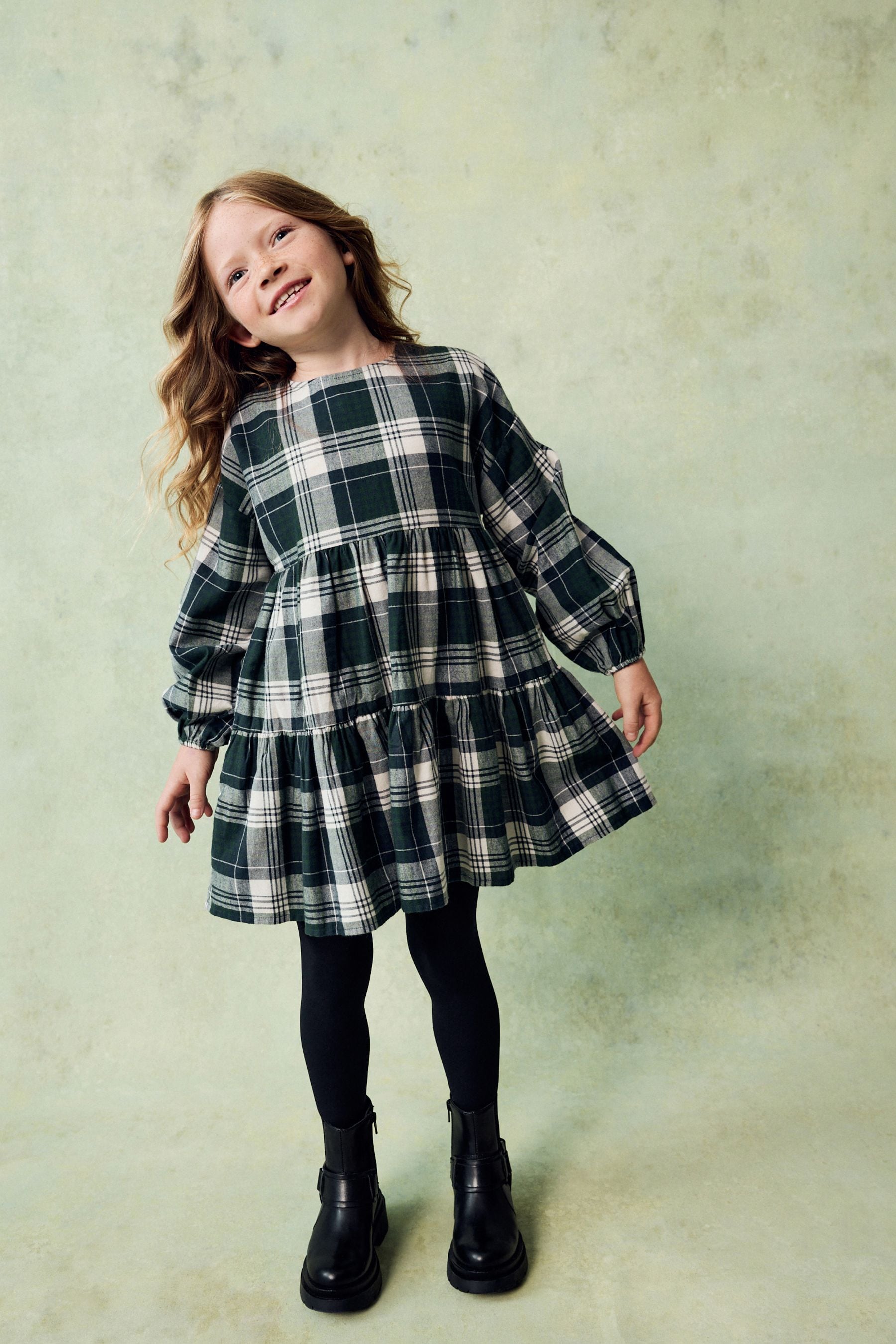 Green Check Long Sleeve Tiered 100% Cotton Dress (3-16yrs)