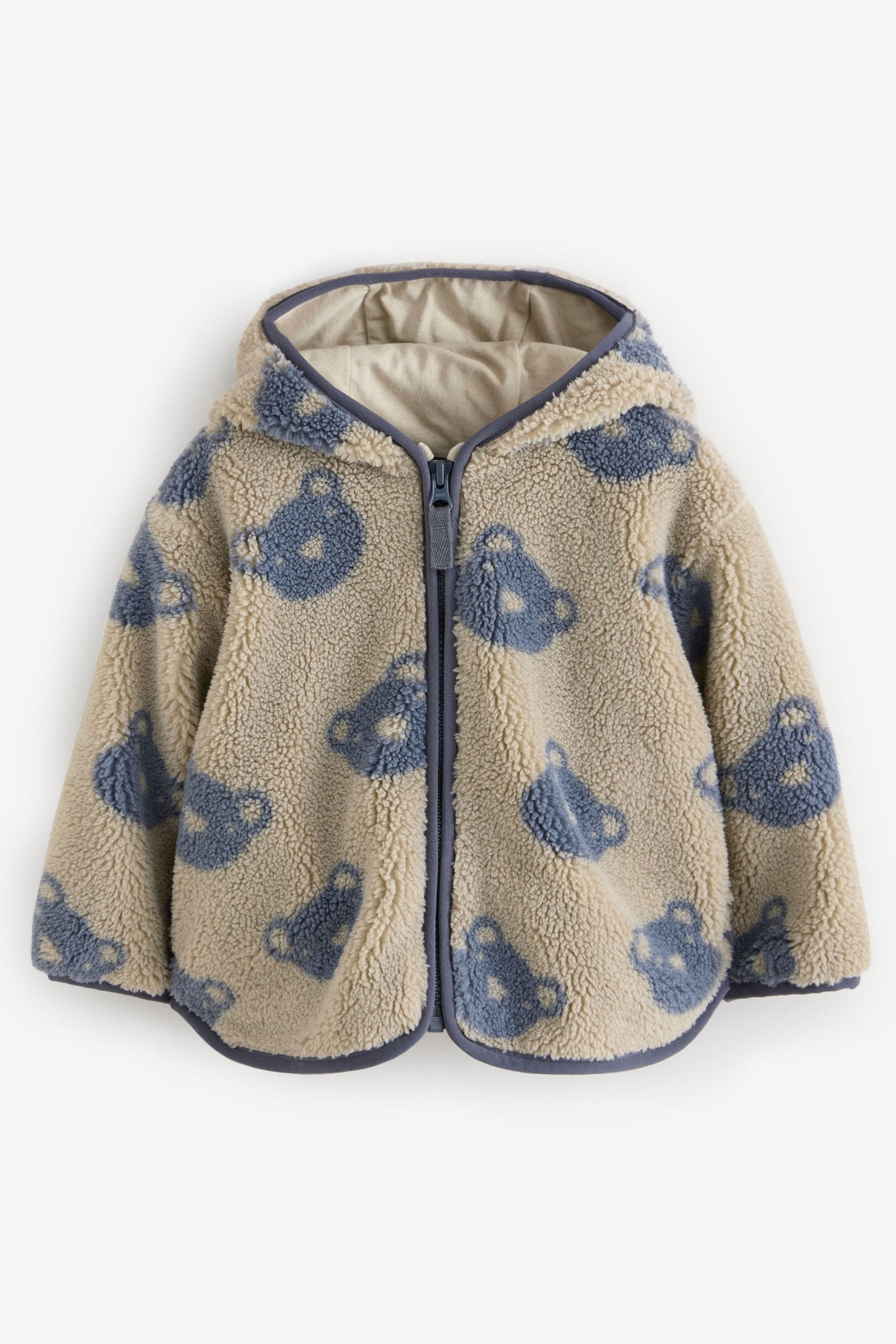 Cream And Grey Bear Patterned Fleece Zip Through Hooded Jacket (3mths-7yrs)