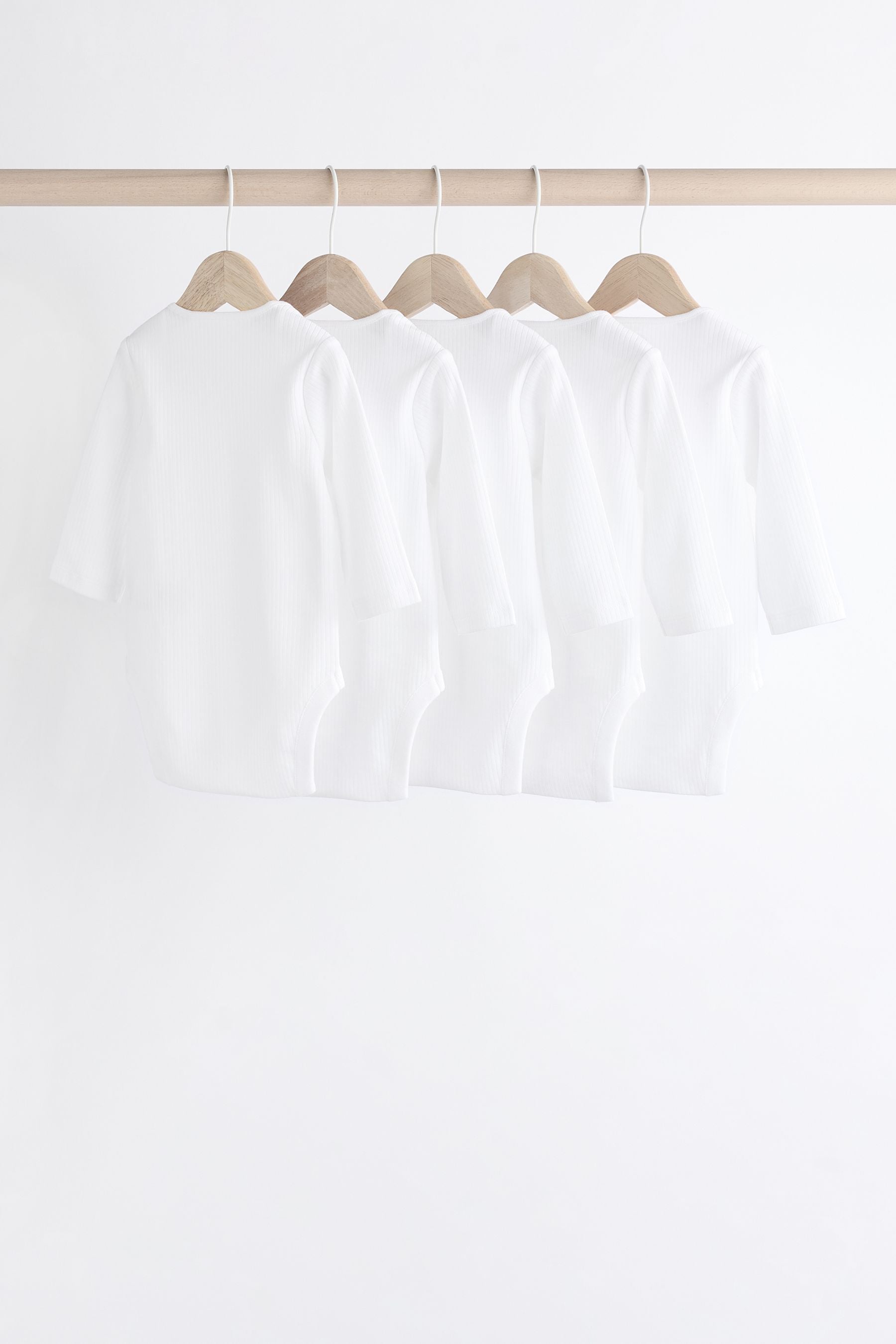 White Long Sleeve Rib 100% Cotton Baby Bodysuits 5 Pack