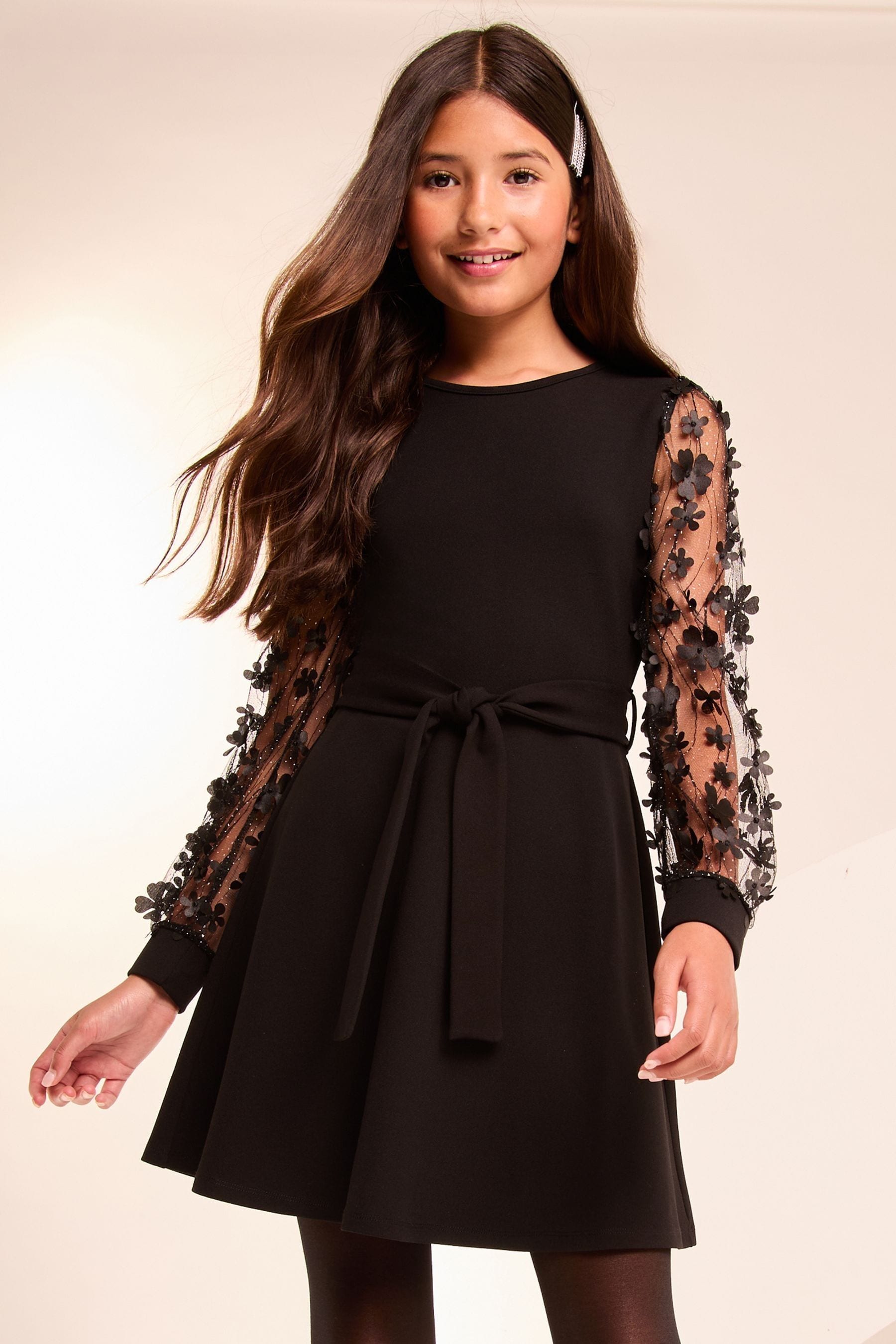 Lipsy Black 3D Flower Sleeve Dress (5-16yrs)