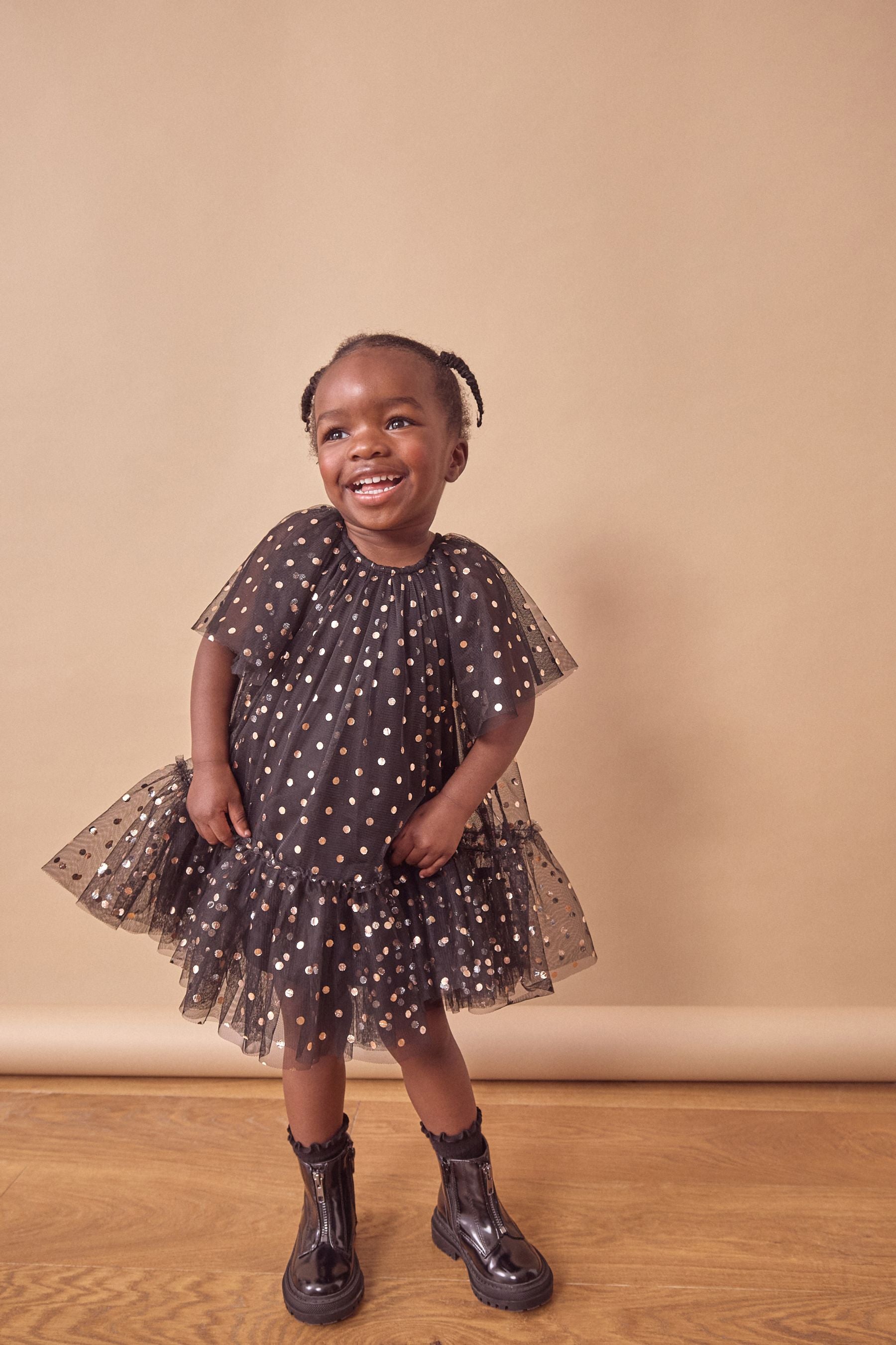 Black Foil Spot Mesh Party Dress (3mths-10yrs)