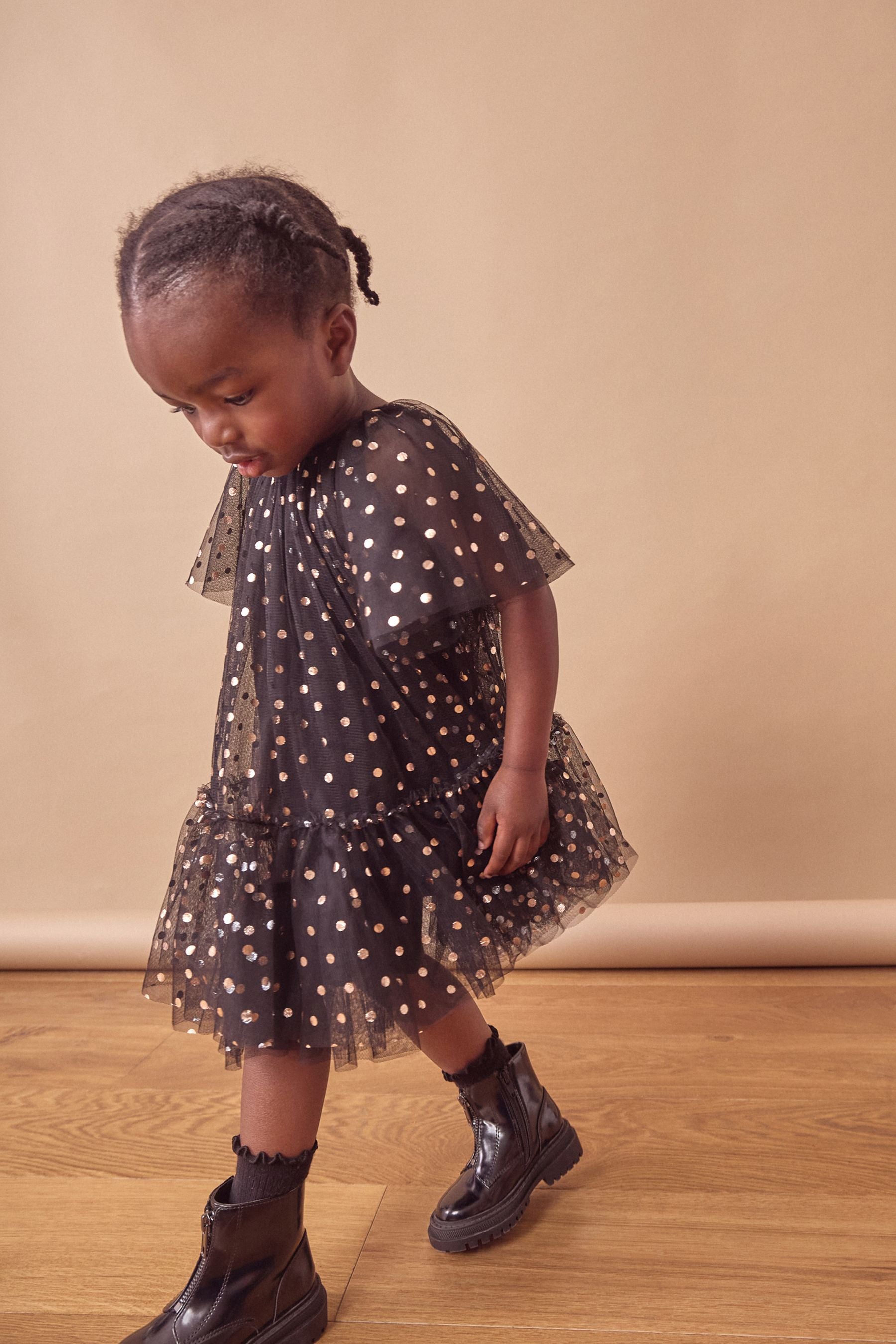 Black Foil Spot Mesh Party Dress (3mths-10yrs)