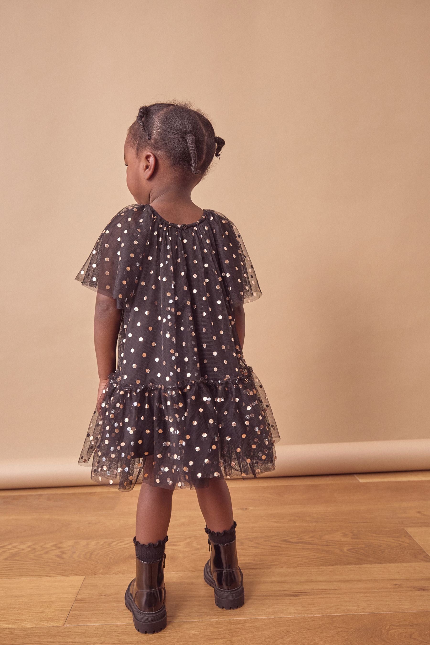 Black Foil Spot Mesh Party Dress (3mths-10yrs)