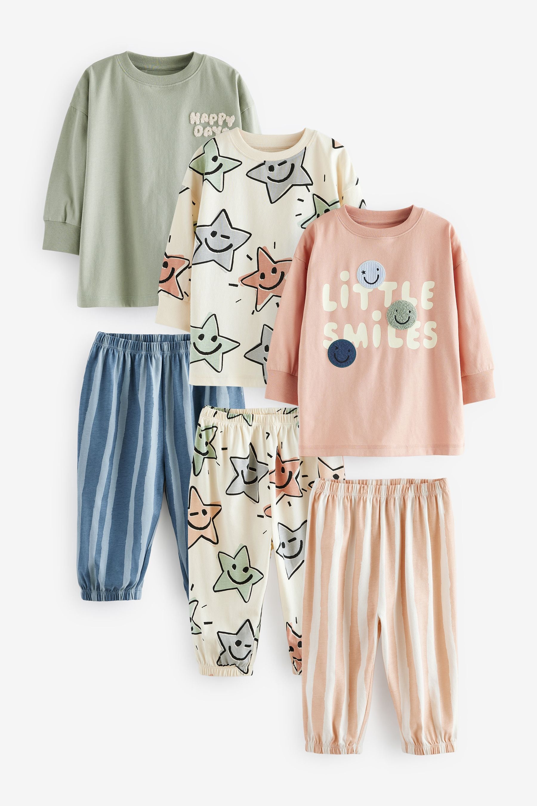 Sage Green/Peach Happy Days Oversized 100% Cotton Pyjamas 3 Pack (9mths-10yrs)