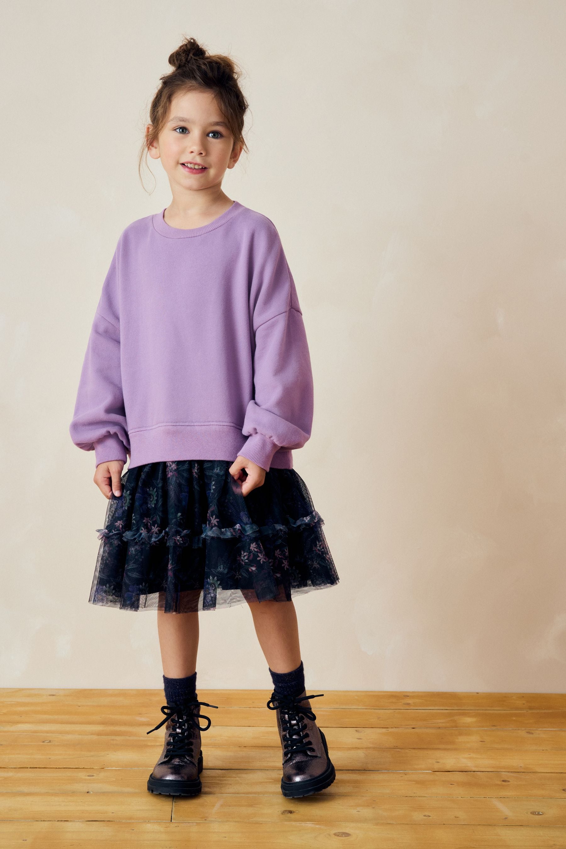 Lilac Purple/Black Floral Print 2-in-1 Long Sleeve Sweat Dress with Mesh Skirt (3-16yrs)