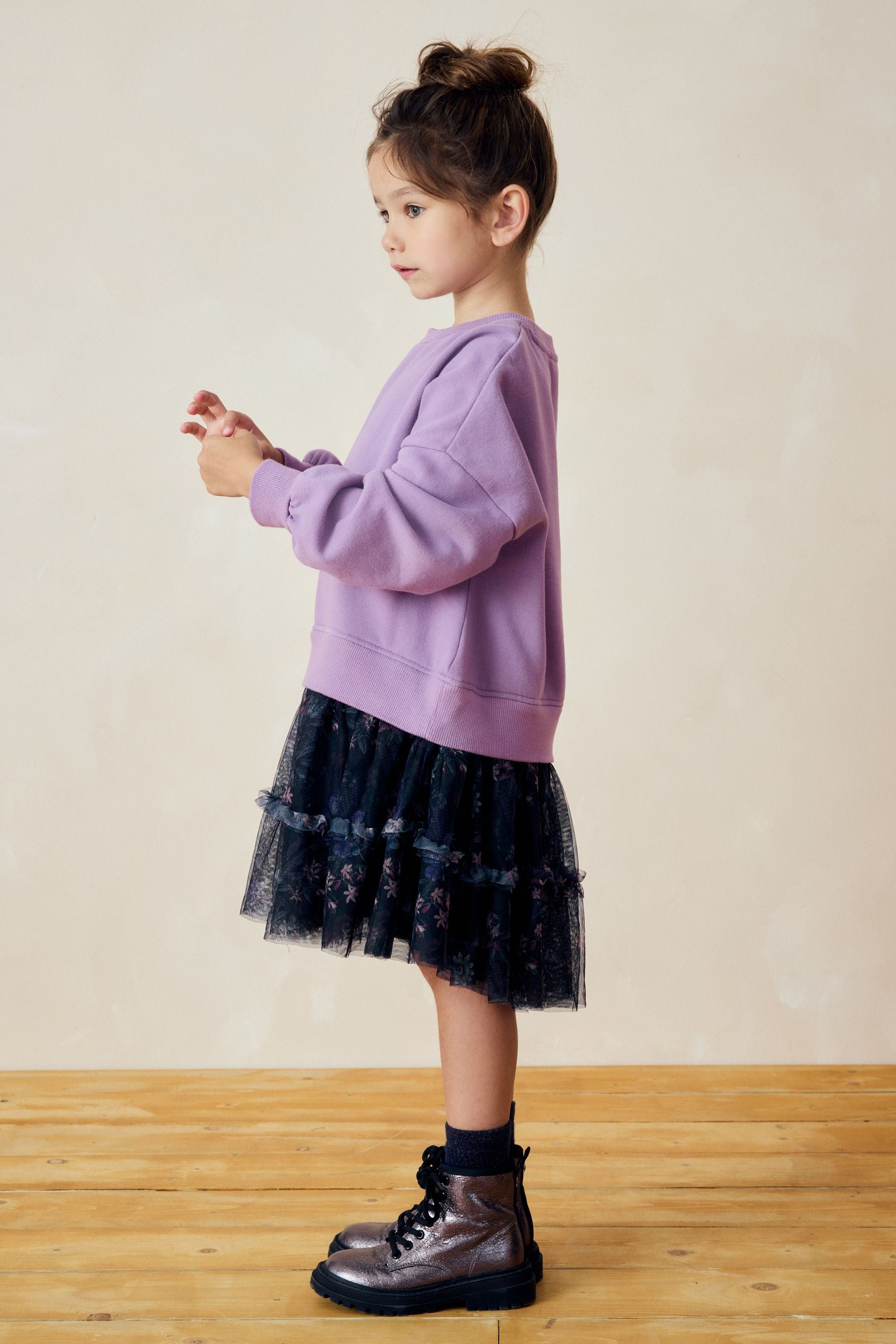 Lilac Purple/Black Floral Print 2-in-1 Long Sleeve Sweat Dress with Mesh Skirt (3-16yrs)