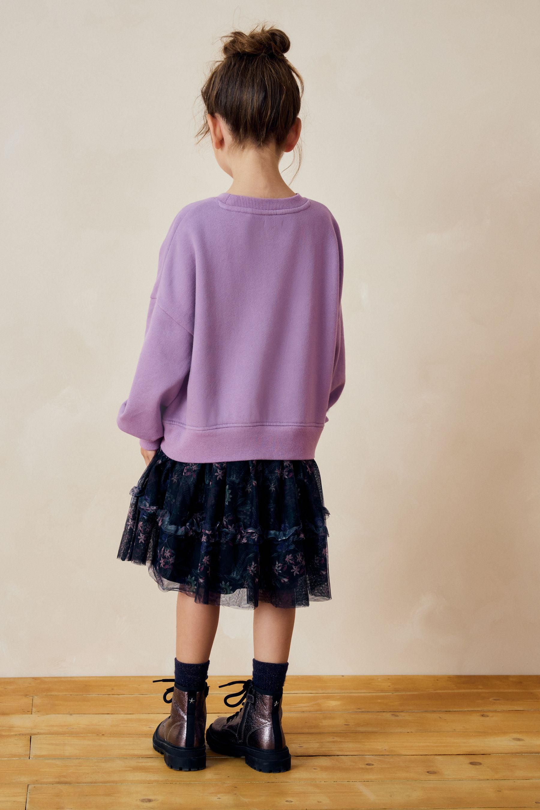 Lilac Purple/Black Floral Print 2-in-1 Long Sleeve Sweat Dress with Mesh Skirt (3-16yrs)