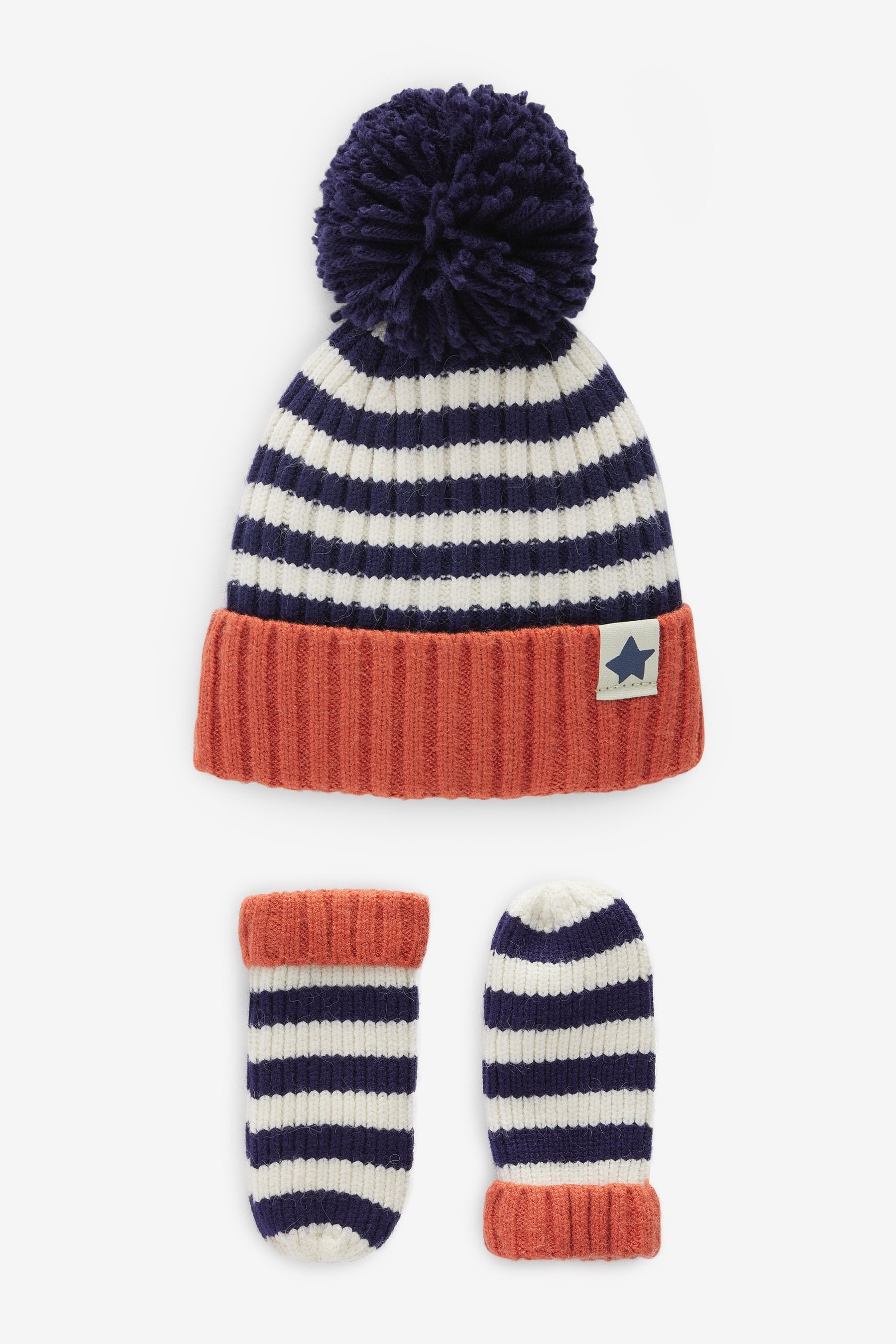 Navy Blue Stripe Hat And Mittens Set (3mths-10yrs)