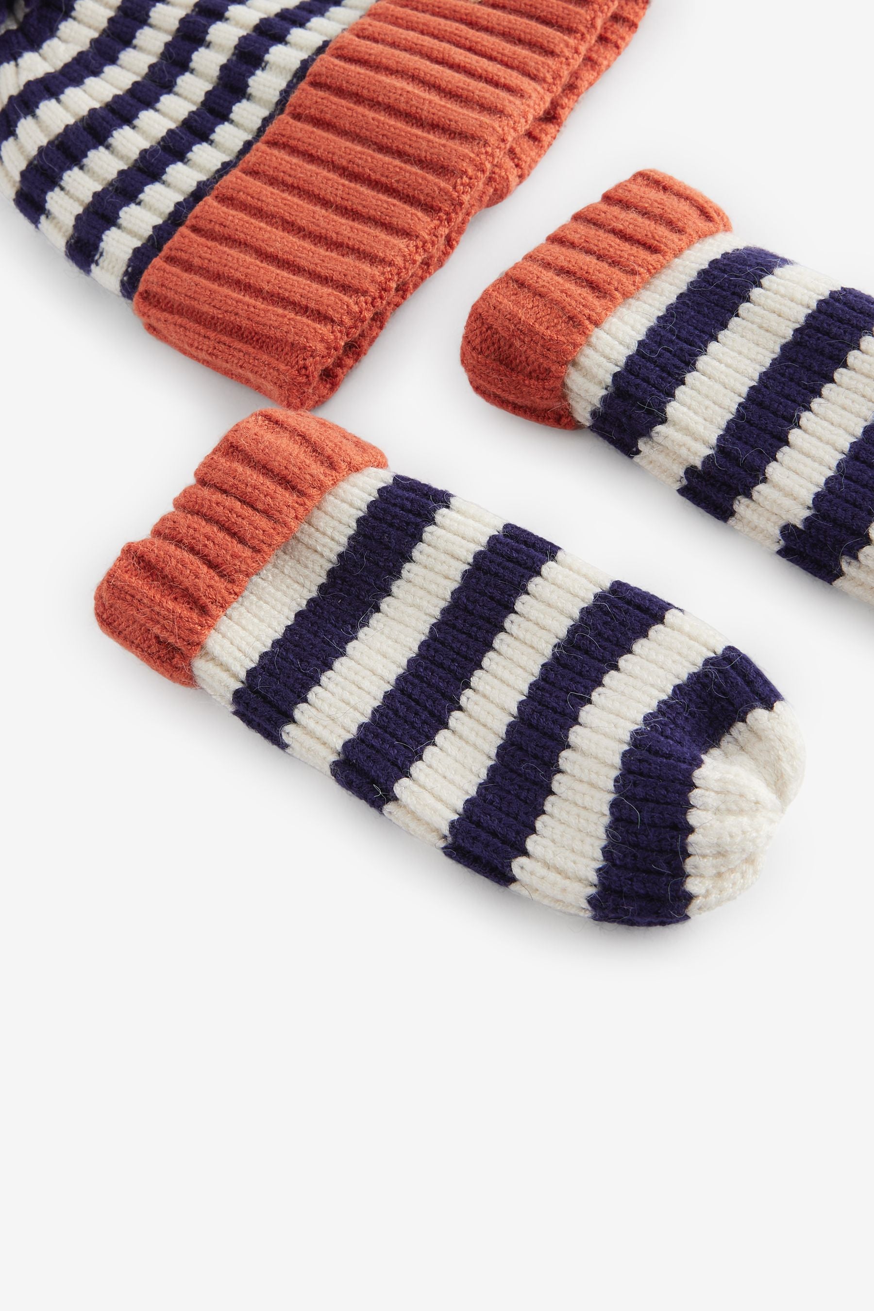 Navy Blue Stripe Hat And Mittens Set (3mths-10yrs)