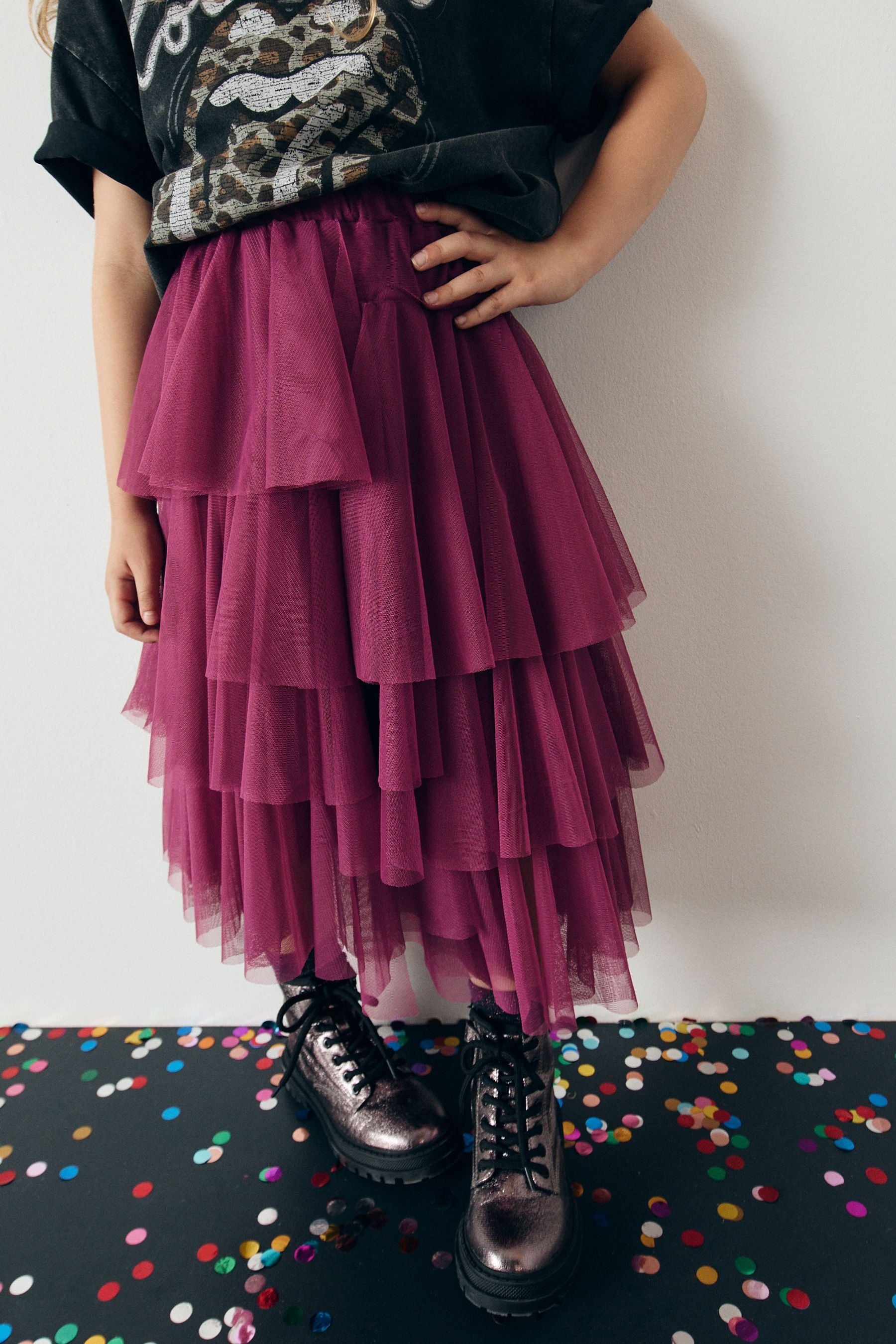 Berry Purple Mesh Layered Skirt (3-16yrs)