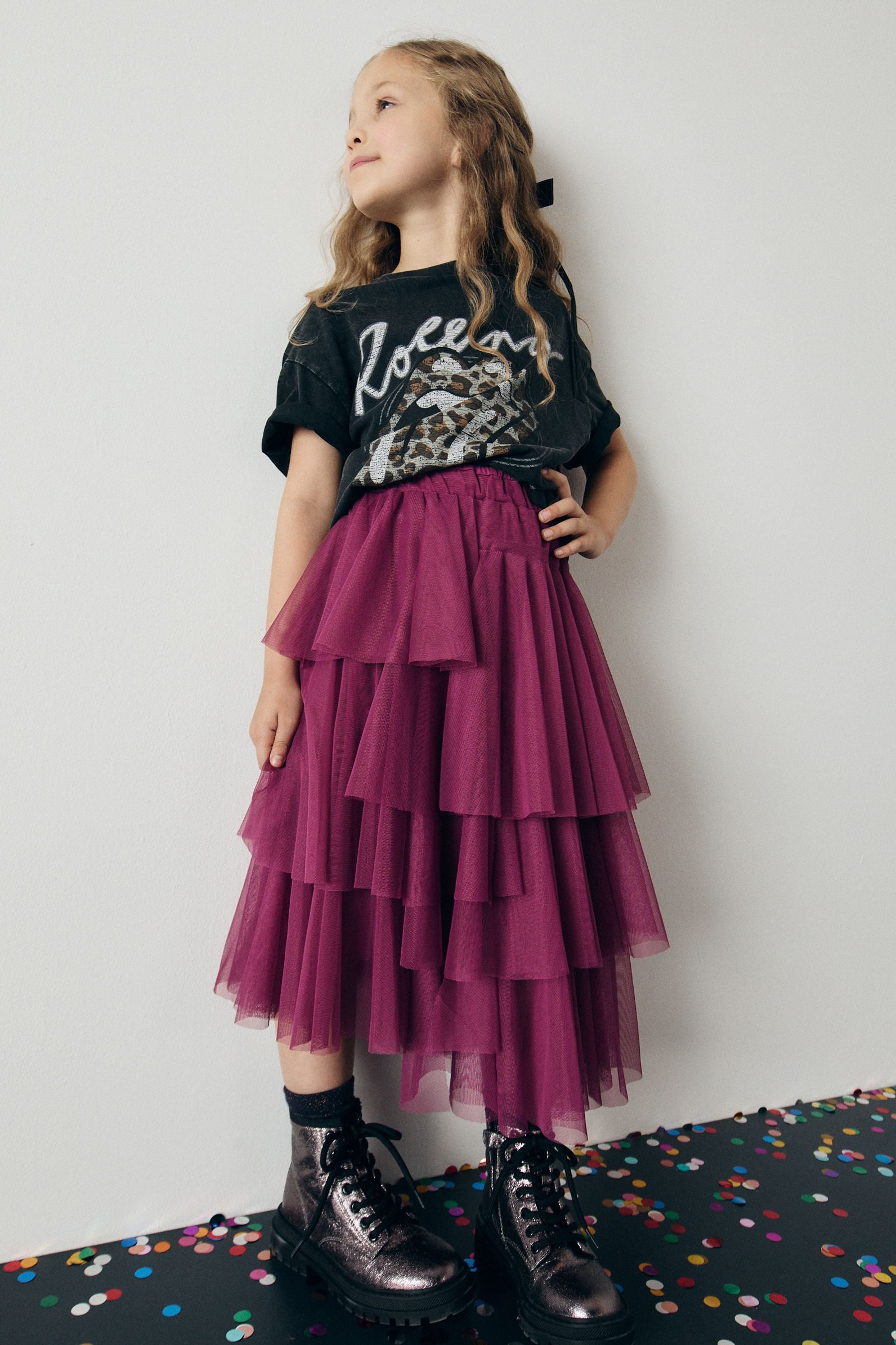 Berry Purple Mesh Layered Skirt (3-16yrs)