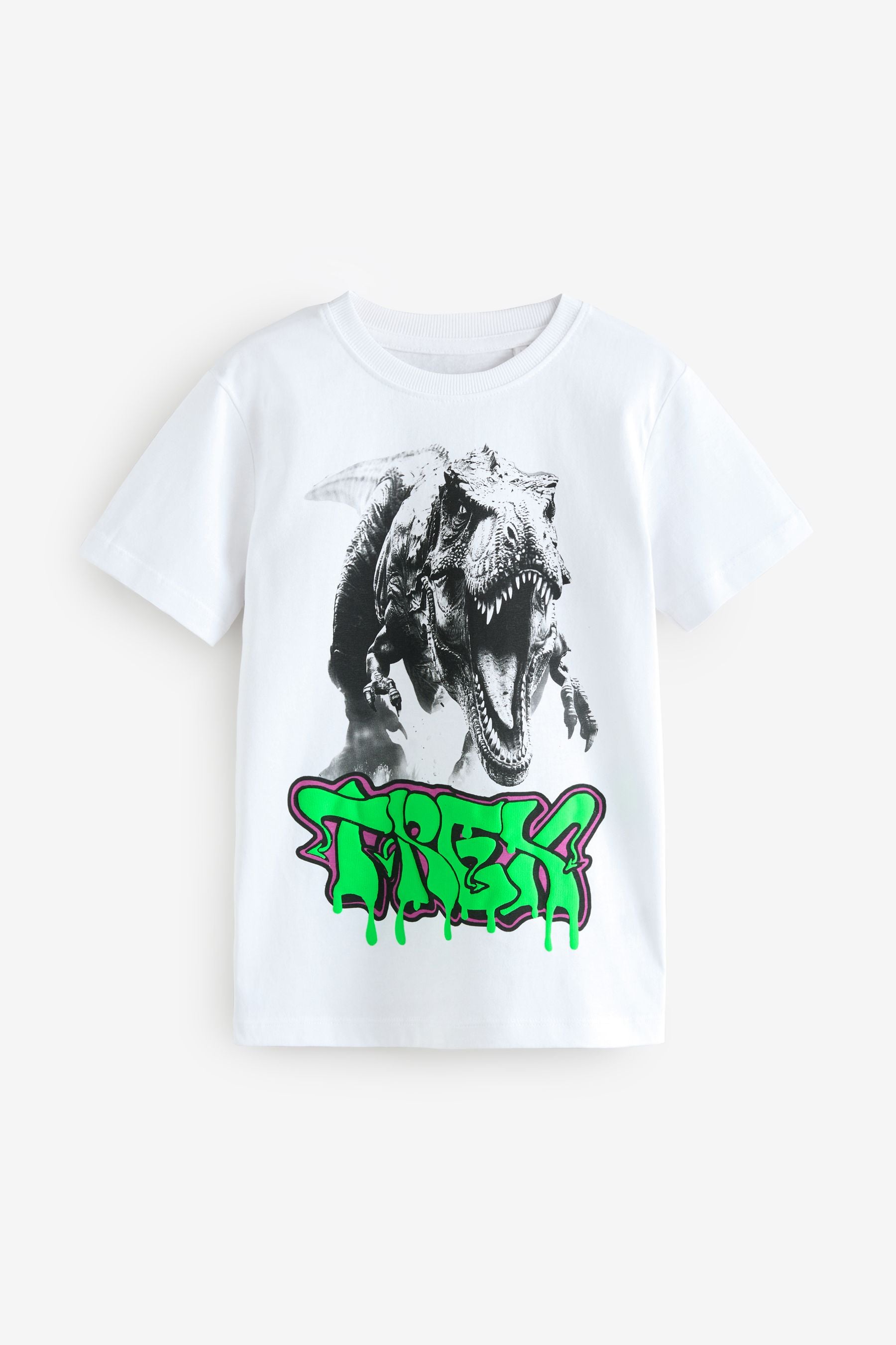 White Dino Short Sleeve Graphic 100% Cotton T-Shirt (3-16yrs)