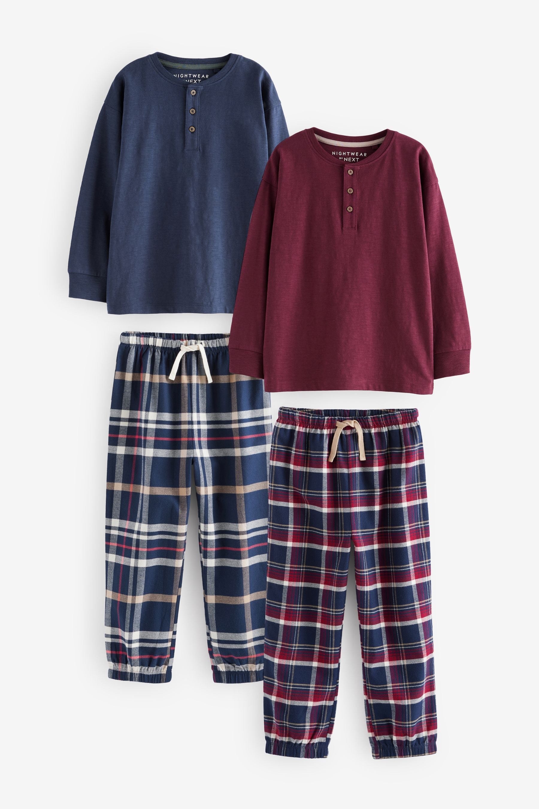 Navy Blue/Burgundy Red Long Sleeve Woven Check 100% Cotton Pyjamas 2 Pack (3-16yrs)