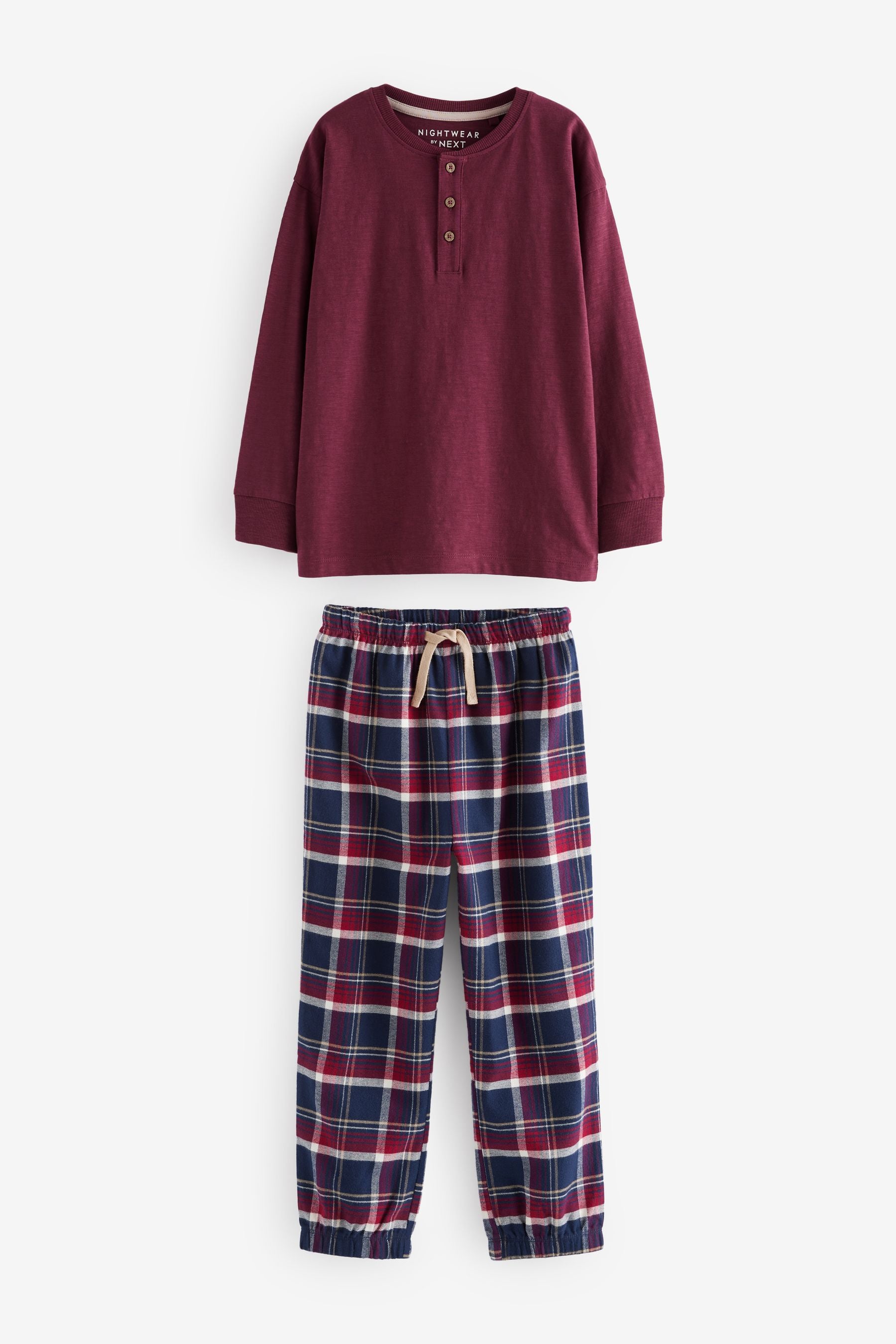 Navy Blue/Burgundy Red Long Sleeve Woven Check 100% Cotton Pyjamas 2 Pack (3-16yrs)