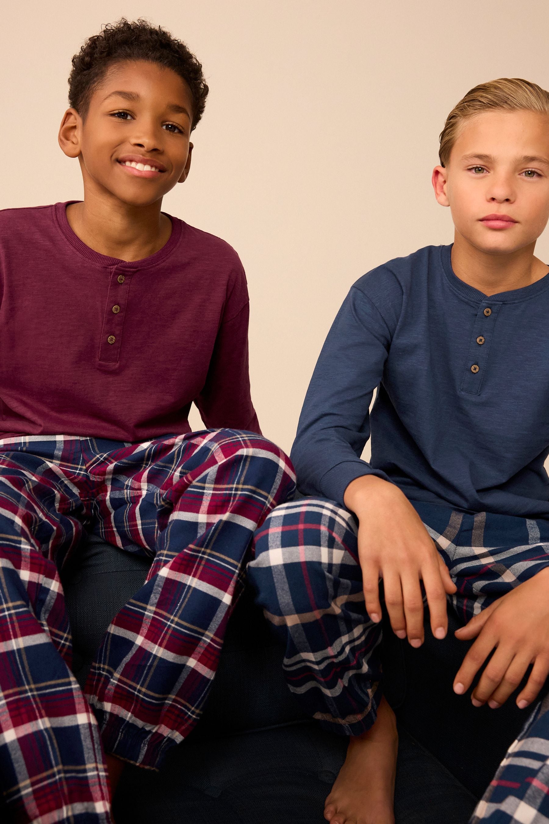 Navy Blue/Burgundy Red 2 Pack Long Sleeve Woven Check 100% Cotton Pyjamas (3-16yrs)