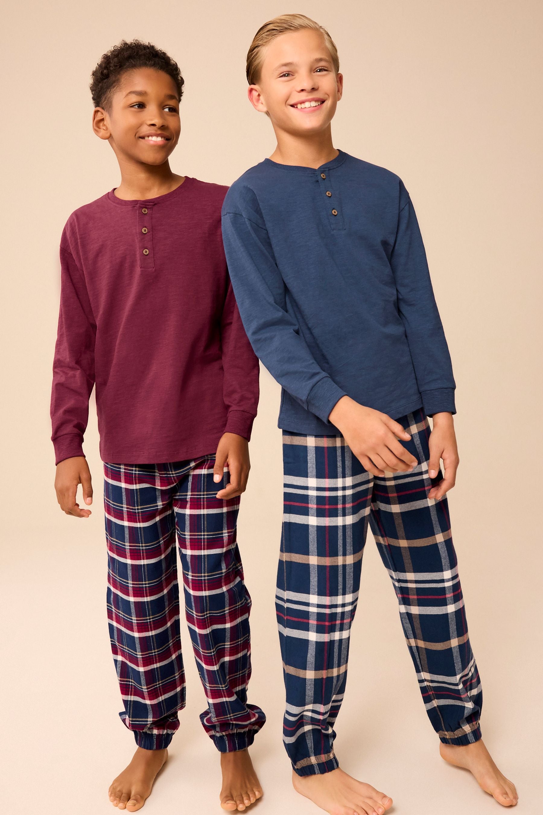 Navy Blue/Burgundy Red 2 Pack Long Sleeve Woven Check 100% Cotton Pyjamas (3-16yrs)