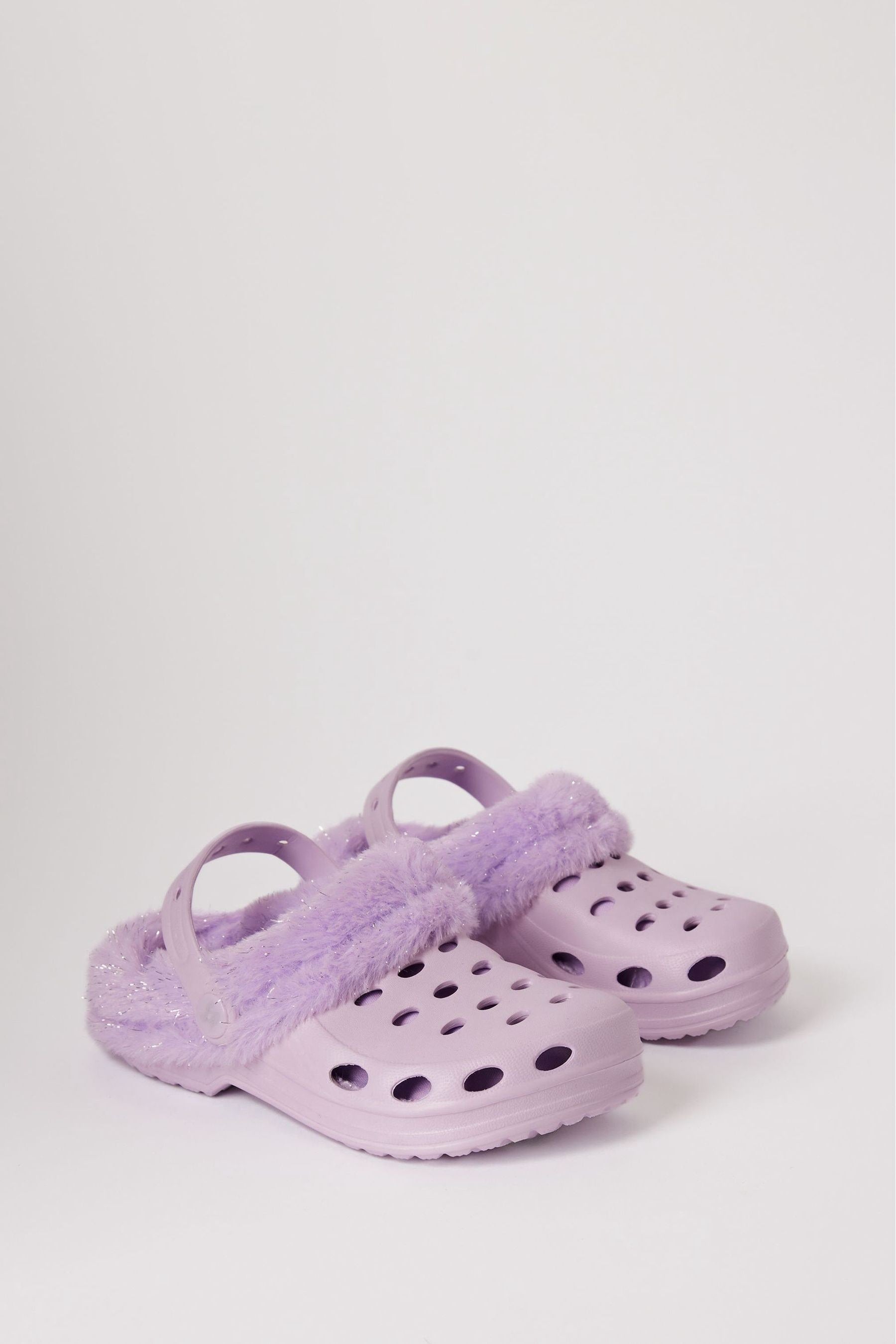 Purple Fleece Lined Faux Fur Slip On Clog Slippers