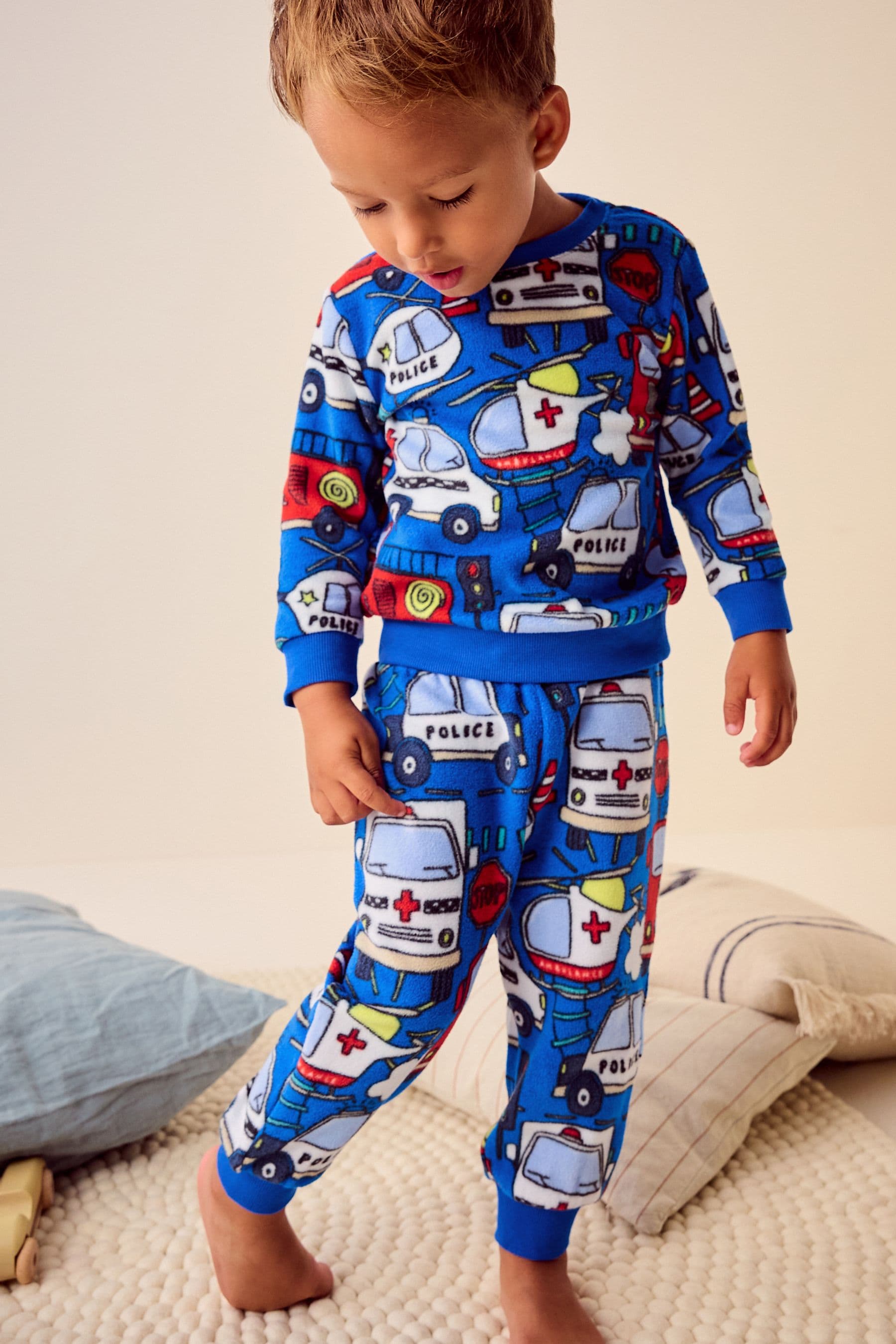 Red/Blue Emergency Vehicle Single Soft Touch Fleece With Elastane Pyjamas (9mths-12yrs)