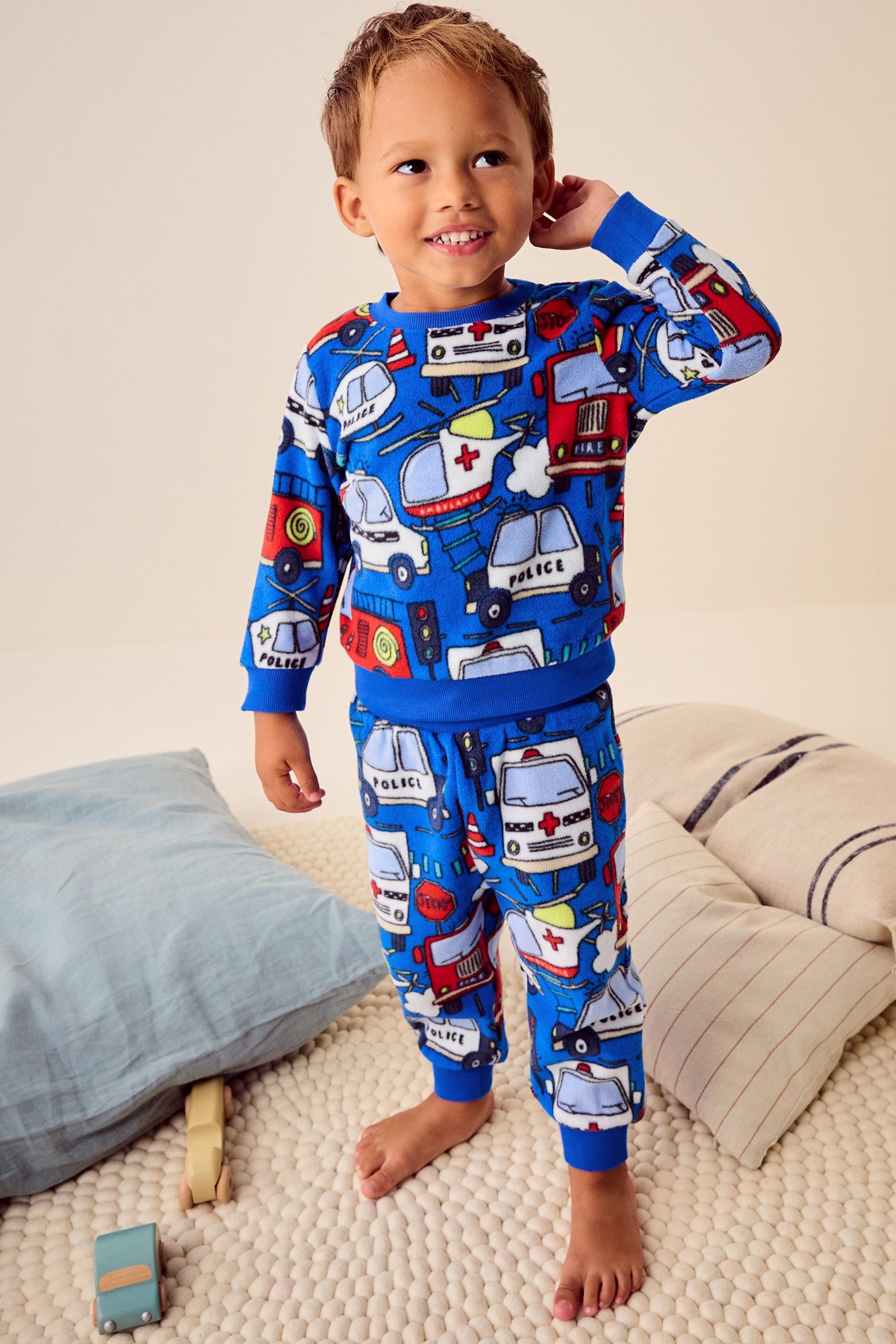 Red/Blue Emergency Vehicle Single Soft Touch Fleece With Elastane Pyjamas (9mths-12yrs)