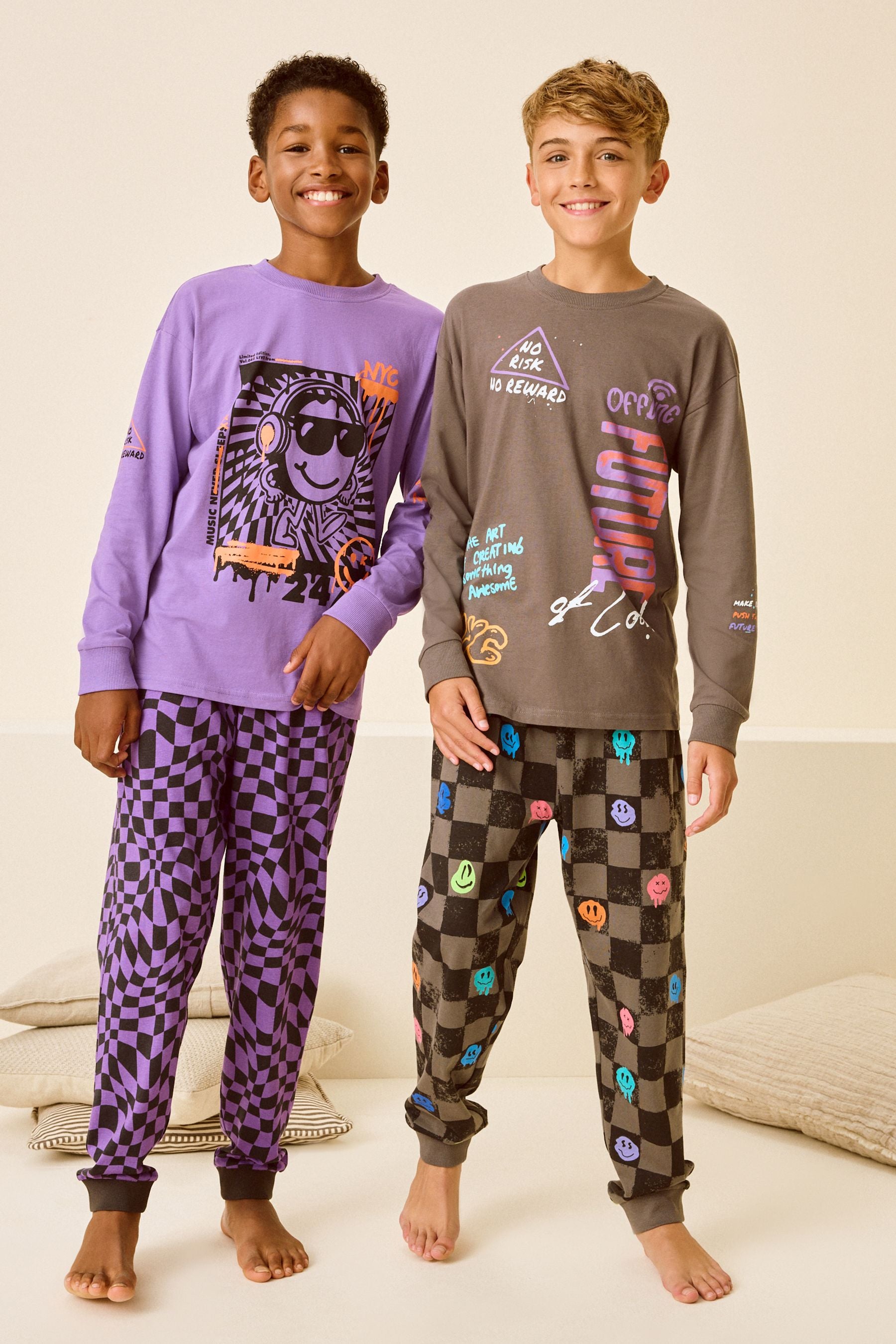 Black/Purple Smile Checkerboard 100% Cotton Long Sleeve Pyjamas 2 Pack (3-16yrs)